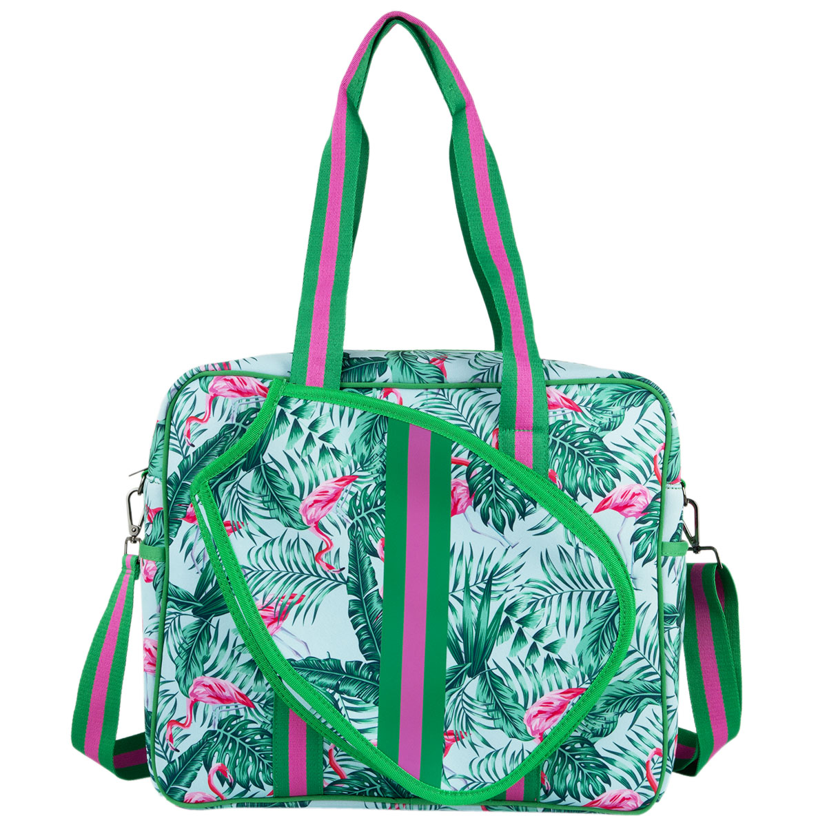 The Brooklyn Pickleball Bag by Queen of the Court is a square tote with pink flamingos, green palm leaves, striped handles, and a matching shoulder strap—perfect for adding tropical flair to every pickleball outing.