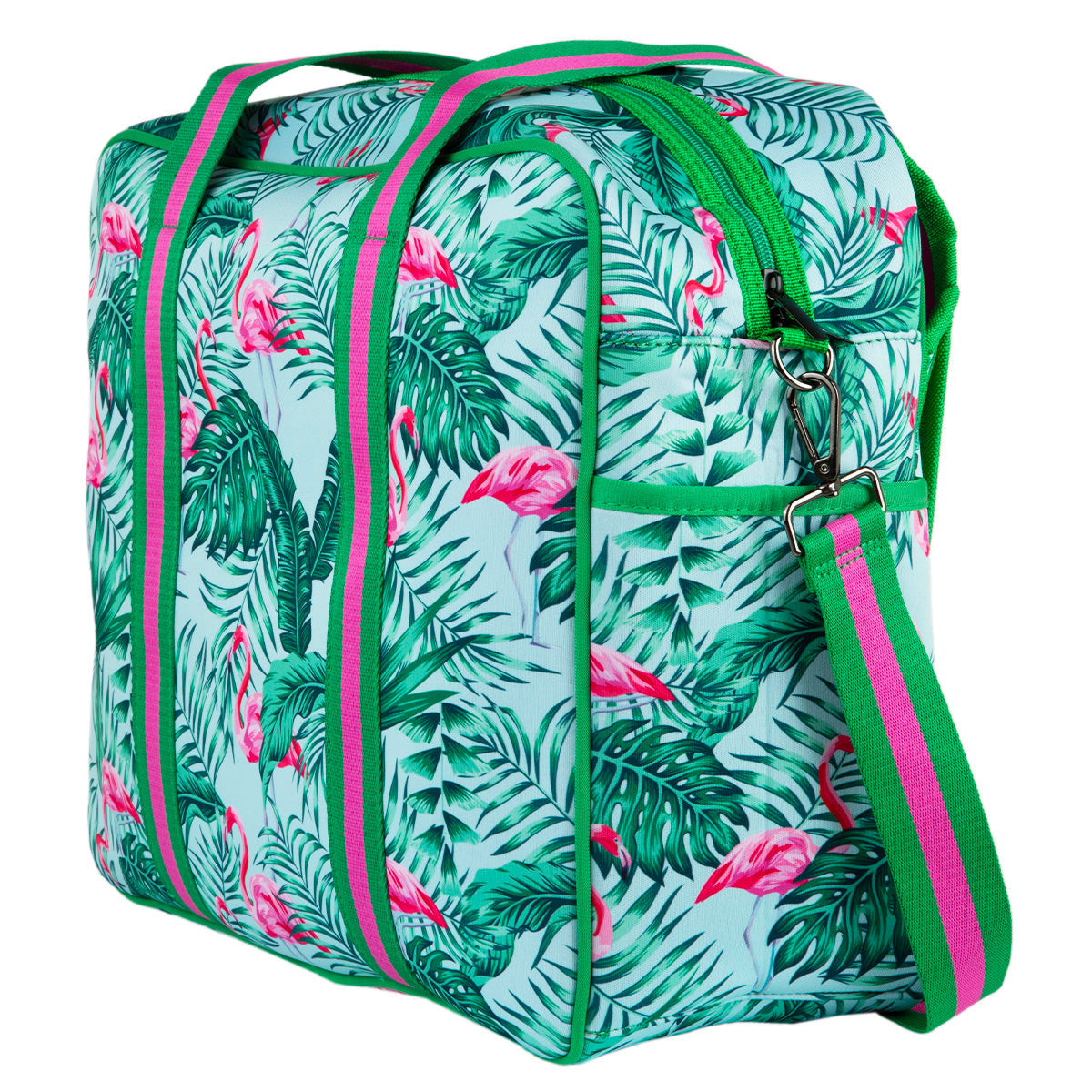 The Queen of the Court Brooklyn Pickleball Bag features a tropical design with green palm leaves and pink flamingos on light blue, green and pink striped handles, a matching strap, zipper closures, and a side pocket.
