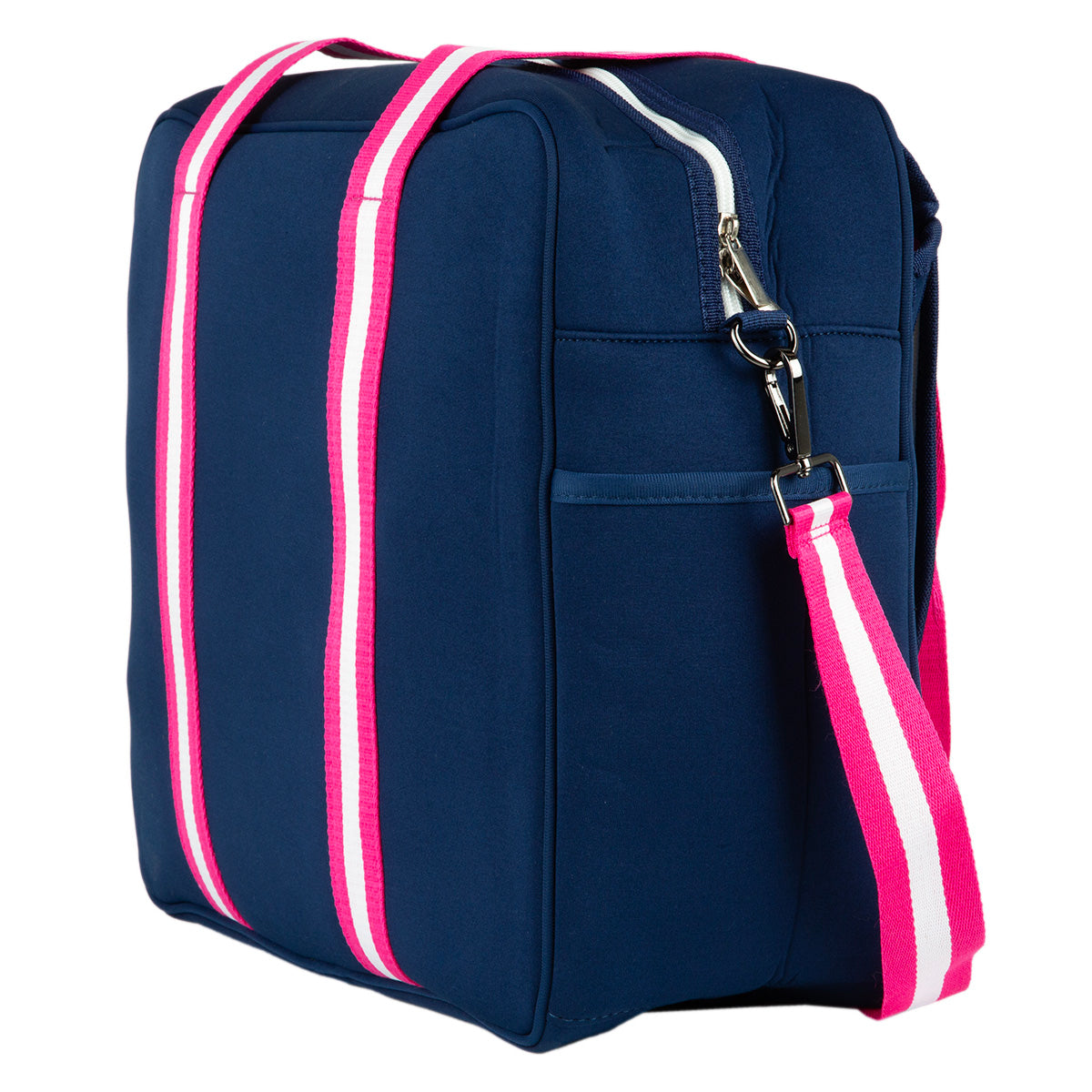 The Queen of the Court Brooklyn Pickleball Bag is navy blue and rectangular, with pink and white striped handles, a matching removable shoulder strap, an external side pocket, visible seams, and a zipper closure for a sporty look.