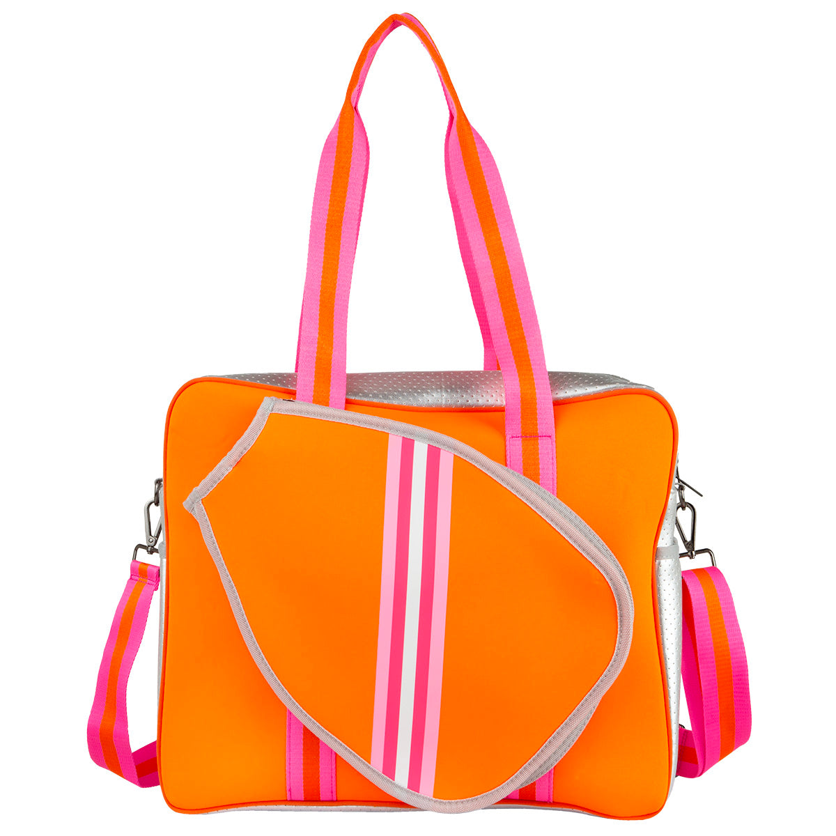 The Queen of the Court Brooklyn Pickleball Bag features a bright orange rectangular design, pink and red dual straps, a detachable shoulder strap, and an asymmetrical front pocket with playful pink and white diagonal stripes.