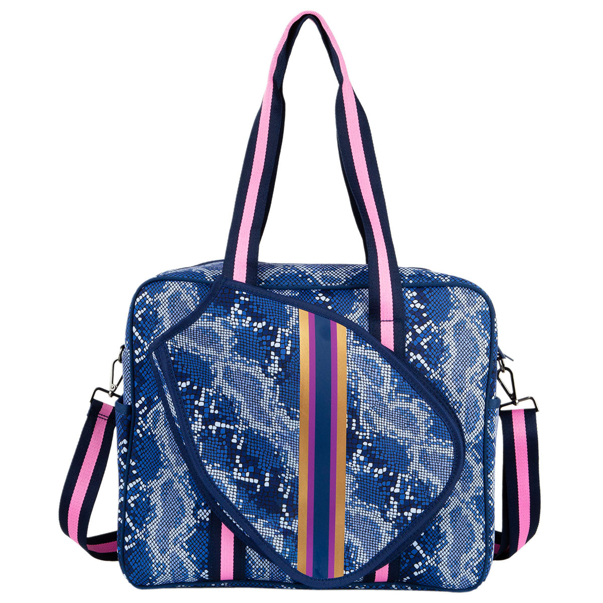 The Queen of the Court Brooklyn Pickleball Bag is blue neoprene with a white snakeskin pattern, a diagonal zippered pocket with vertical rainbow stripes, navy, pink, and purple striped handles, and a matching detachable shoulder strap.