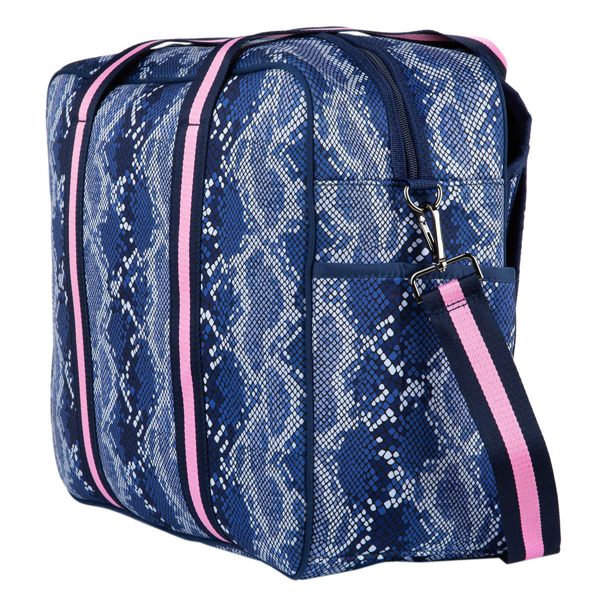 The Queen of the Court Brooklyn Pickleball Bag features a blue and white snakeskin print, two pink stripes, top handles, side pockets, a zippered closure, and a detachable striped shoulder strap. Made from neoprene.