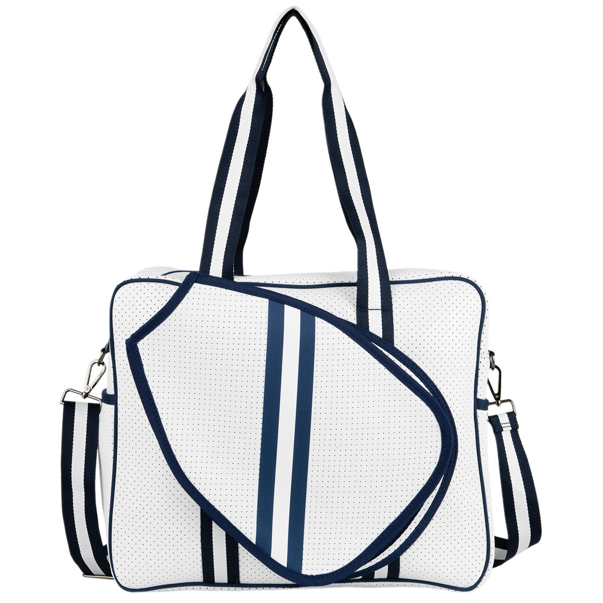 The Brooklyn Pickleball Bag by Queen of the Court is a white neoprene bag with a perforated texture, navy and white striped handles and strap, plus a front blue diagonal zip pocket with two vertical blue stripes.