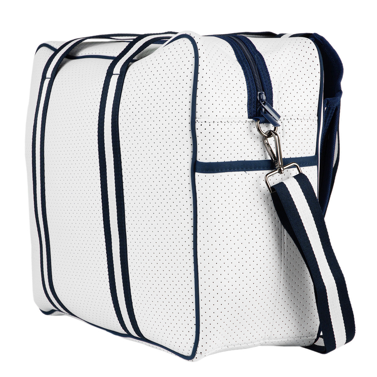 The Queen of the Court Brooklyn Pickleball Bag is a white neoprene tote with small perforations, navy blue vertical stripes and piping, an adjustable navy-and-white striped strap with silver hardware, and a zippered top closure.