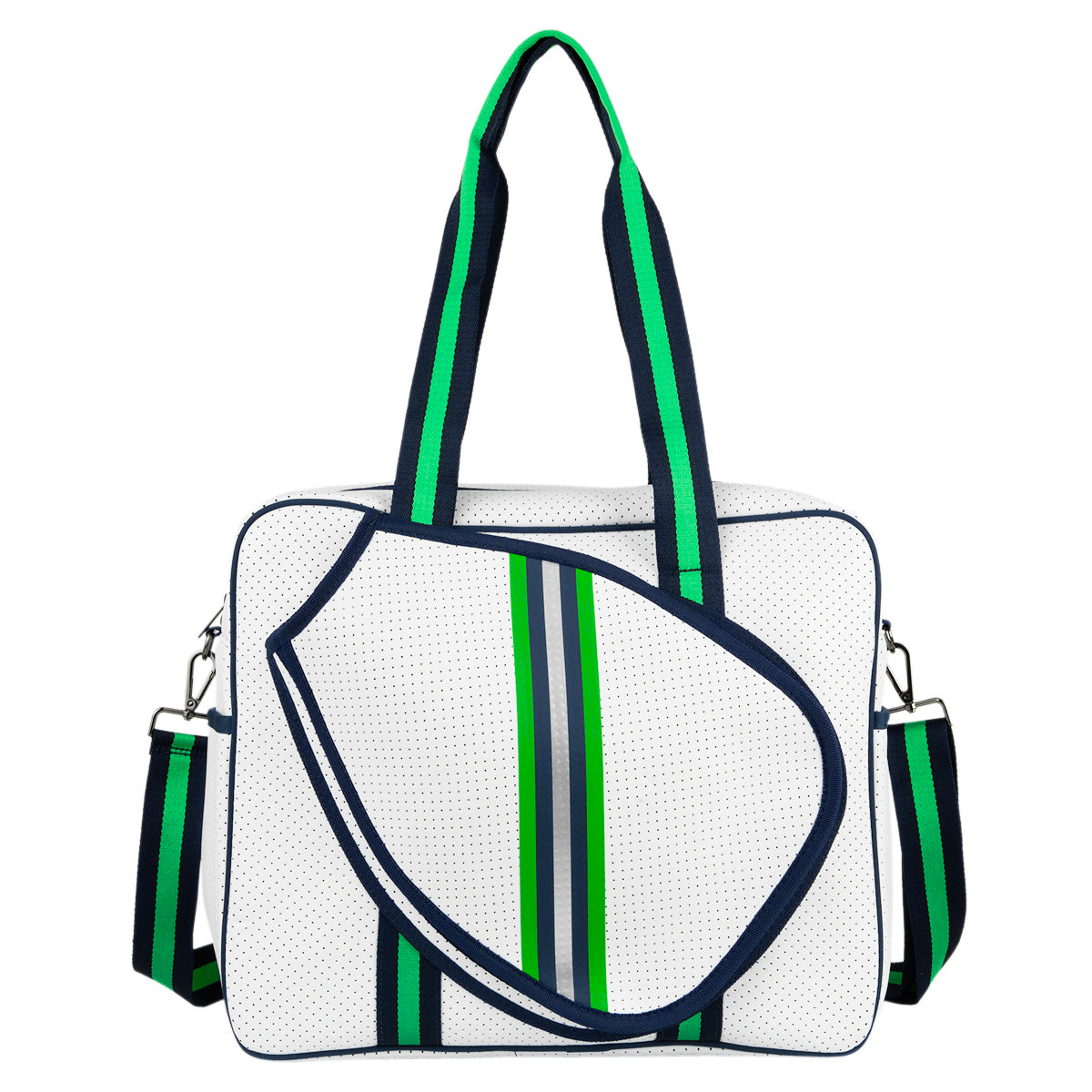 The Brooklyn Pickleball Bag by Queen of the Court is a white perforated neoprene bag with green and navy blue vertical stripes, striped handles, an adjustable shoulder strap, and a front angled zip pocket with matching stripes.