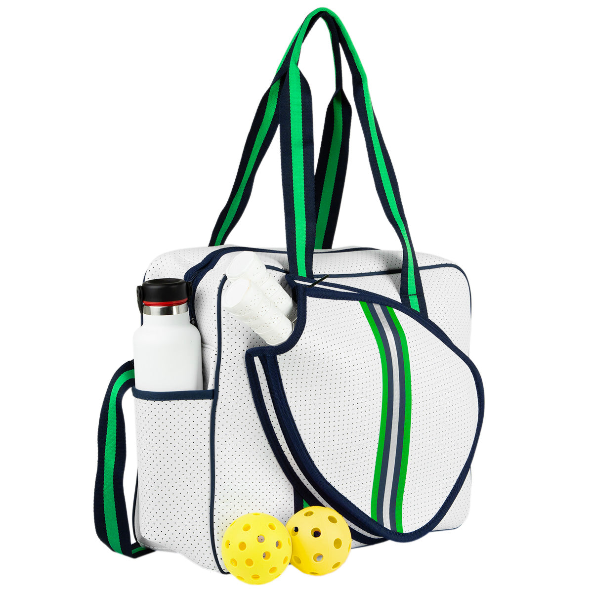 The Queen of the Court Brooklyn Pickleball Bag is white with green and navy straps, featuring an exterior pocket for a water bottle and paddle. Two yellow perforated pickleballs rest in front of the neoprene bag on a white background.