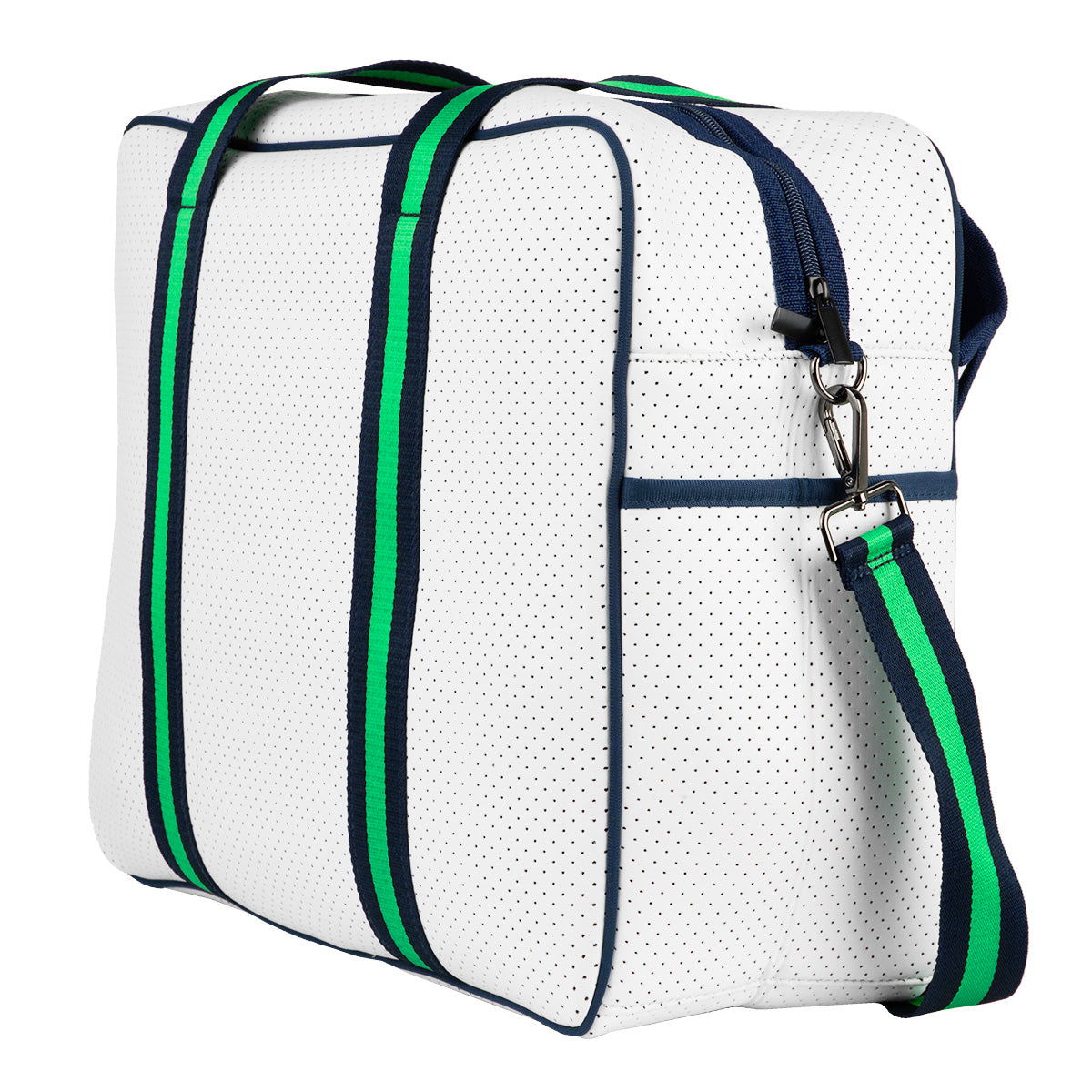 The Brooklyn Pickleball Bag by Queen of the Court is a square white bag with small perforations, green and navy striped handles, a matching detachable shoulder strap, navy blue piping and corners, and a top zipper closure.