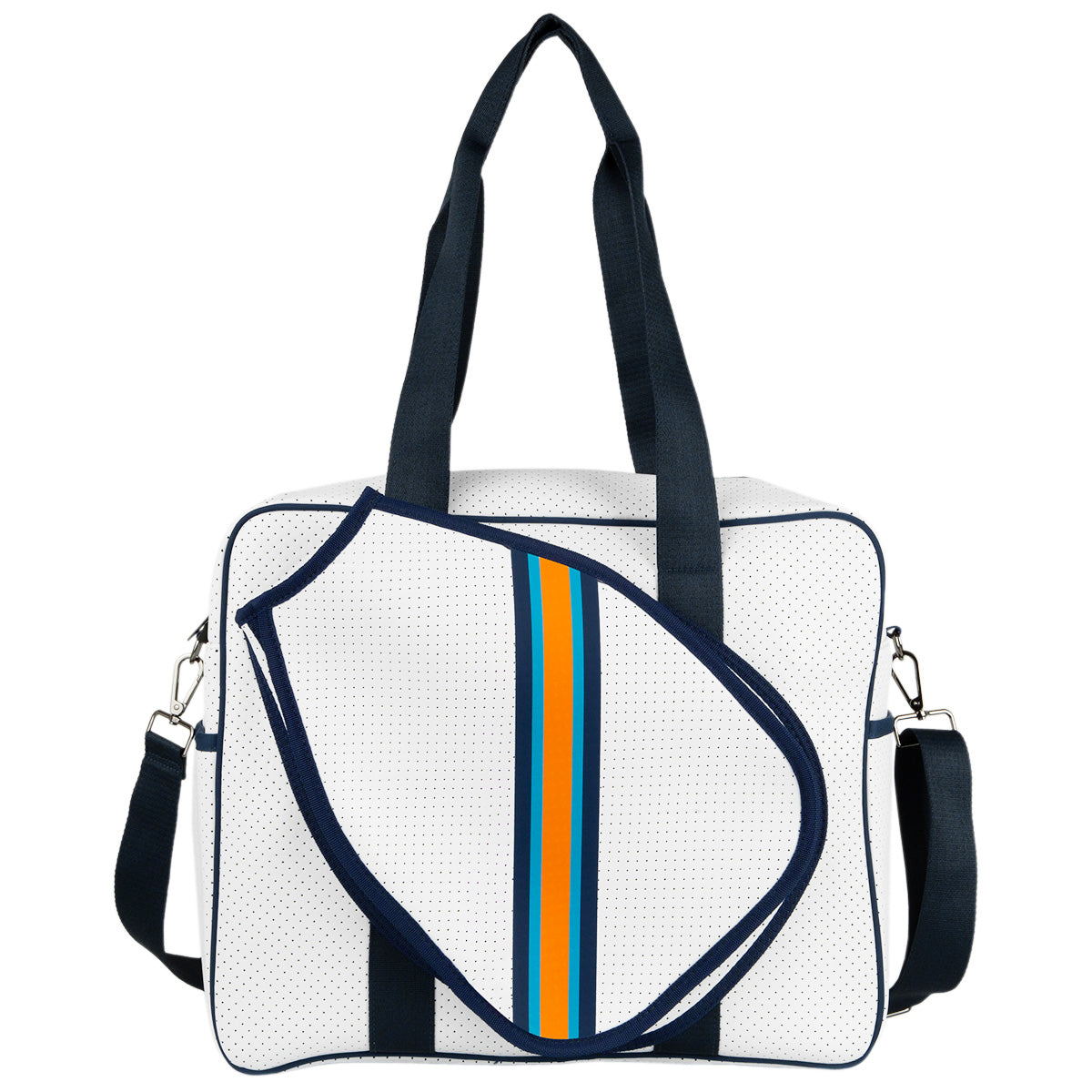 The Queen of the Court Brooklyn Pickleball Bag is white and rectangular with navy straps, curved blue, orange, and yellow stripes on the front, perforated details, and an optional shoulder strap for a stylish finish.