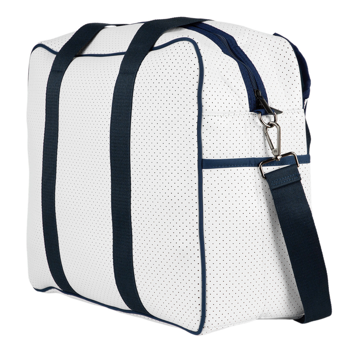 The Queen of the Court Brooklyn Pickleball Bag features white neoprene with black perforations, navy straps and piping, detachable navy shoulder strap, silver hardware, zippered top, and side pocket. Shown on a plain white background.
