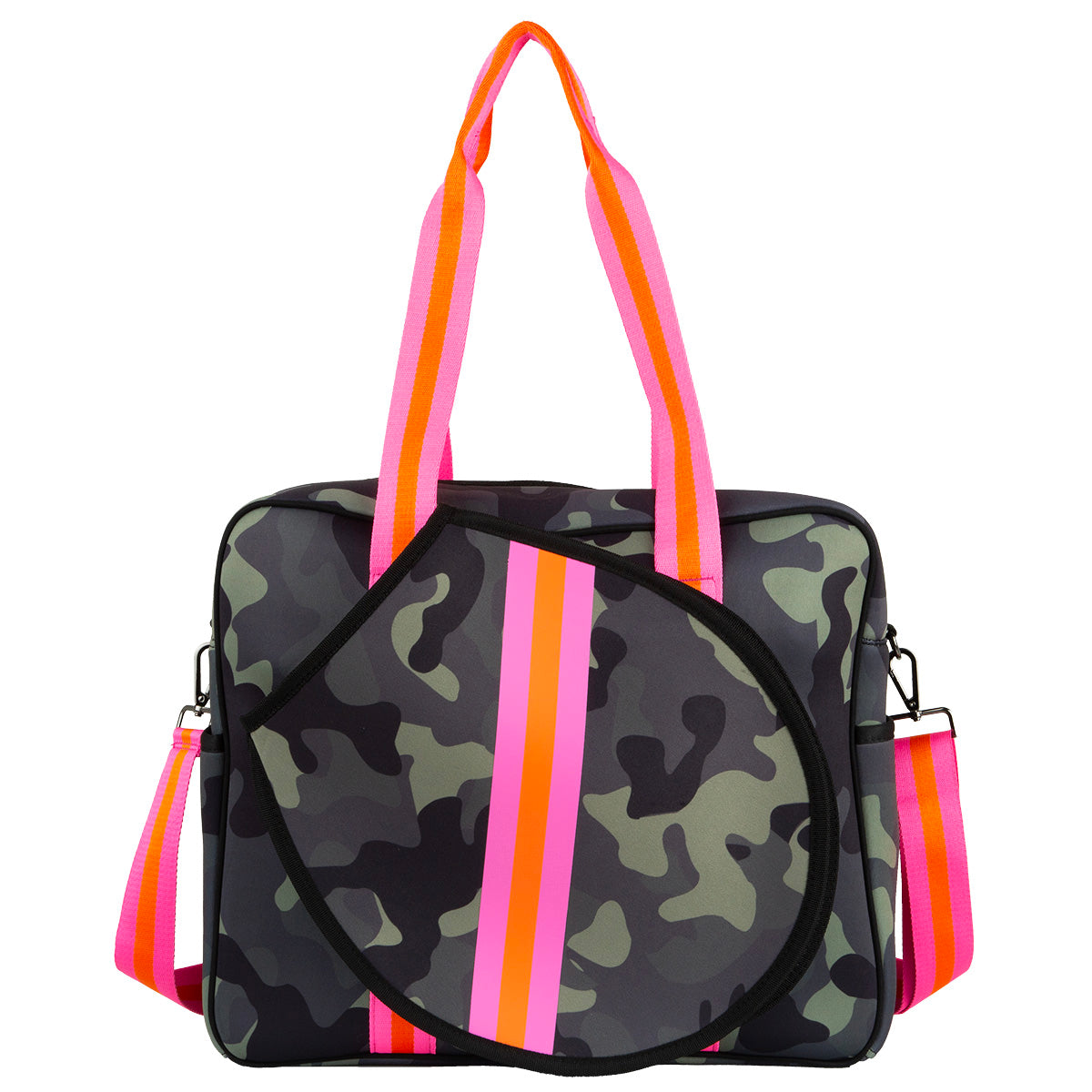 The Queen of the Court Hampton Tennis Bag is a rectangular neoprene design in green and black camo with bold pink and orange stripes, matching striped handles, a detachable shoulder strap, and a curved front pocket outlined in black.