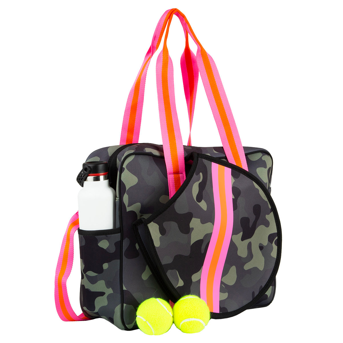 The Queen of the Court Hampton Tennis Bag is square-shaped with camouflage design, pink and orange striped handles, a round zippered compartment, side pocket for a white water bottle, and space for two yellow tennis balls in front.