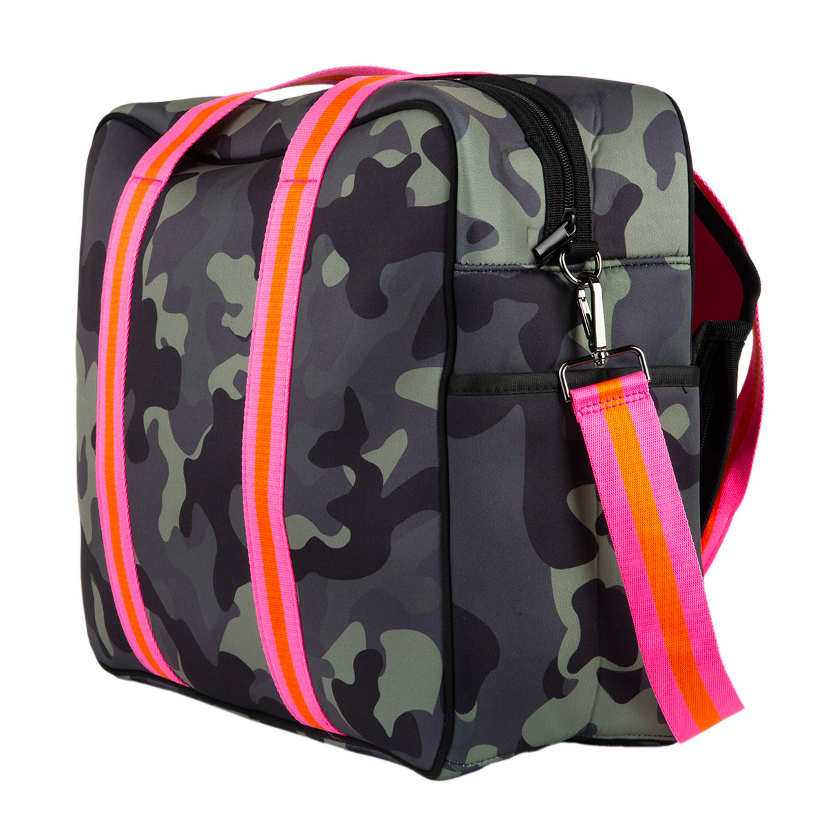 The Queen of the Court Hampton Tennis Bag is a square, zippered neoprene duffel with a green and black camo pattern, pink and orange striped handles, a detachable shoulder strap, side pocket, and stands upright.