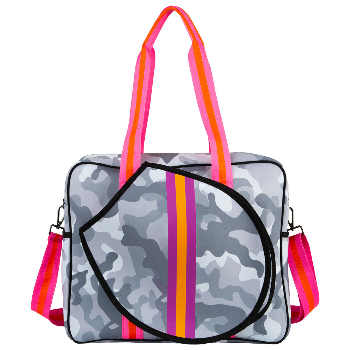 The Queen of the Court Hampton Tennis Bag features a gray camouflage design with bright pink, orange, and yellow striped handles, plus a matching racket cover with the same stripes on the front of this neoprene bag.