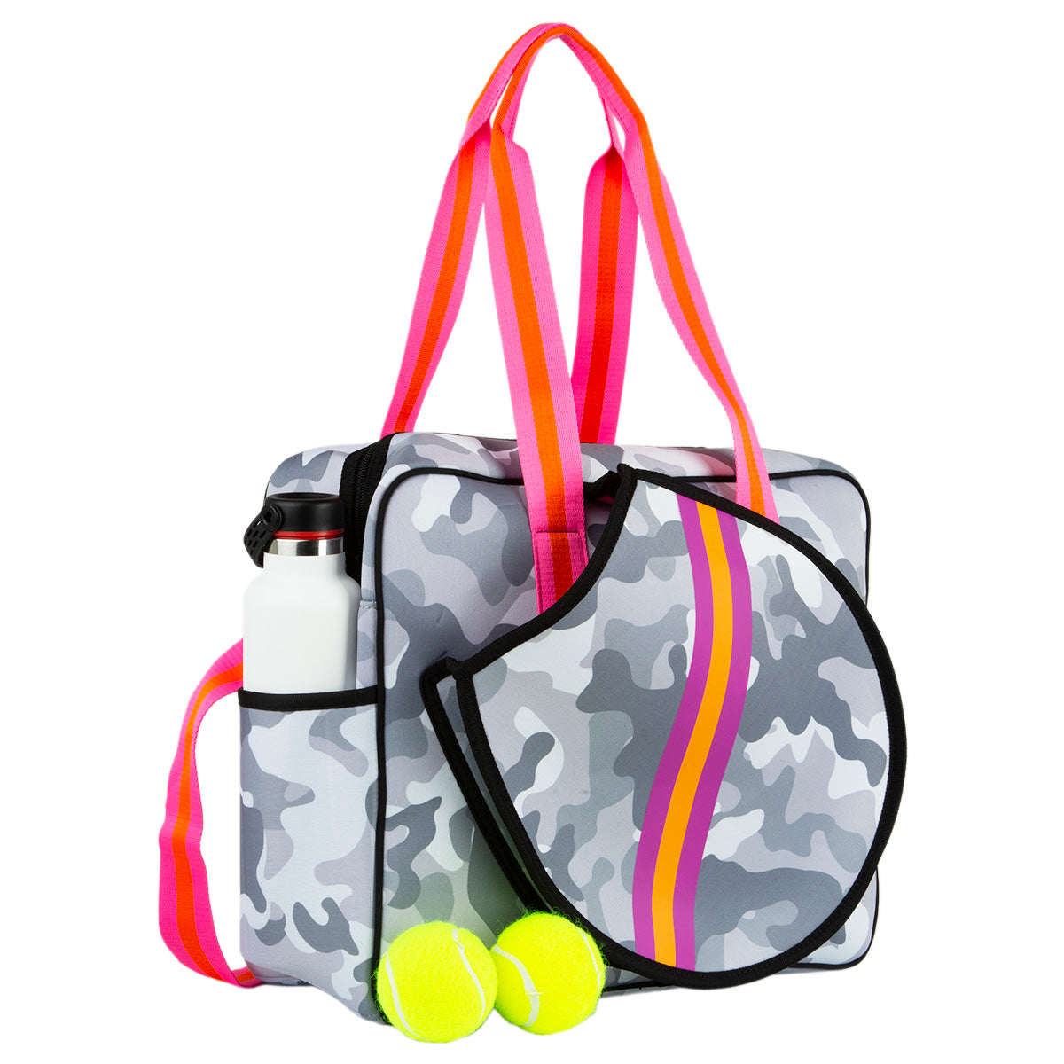 The Queen of the Court Hampton Tennis Bag features gray and white camouflage, bright pink and orange straps, a side water bottle pocket, two yellow tennis balls in front, and a matching striped neoprene case attached.