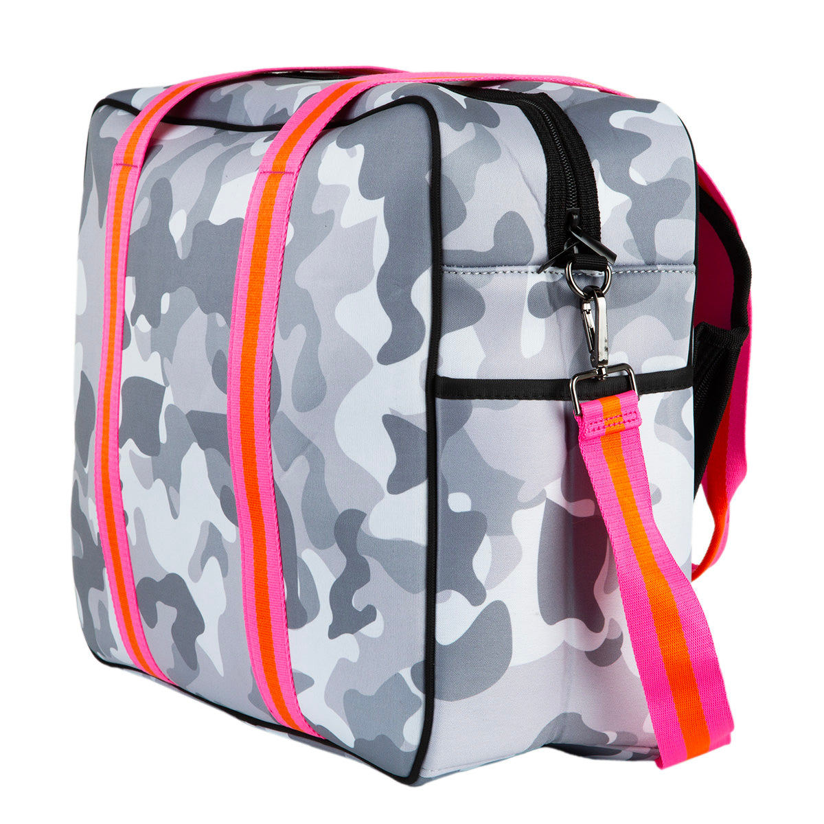 The Queen of the Court Hampton Tennis Bag is a rectangular neoprene bag in gray camouflage with pink and orange striped shoulder straps, a black top zipper, and a detachable strap clipped to a metal ring, shown standing upright on a white background.