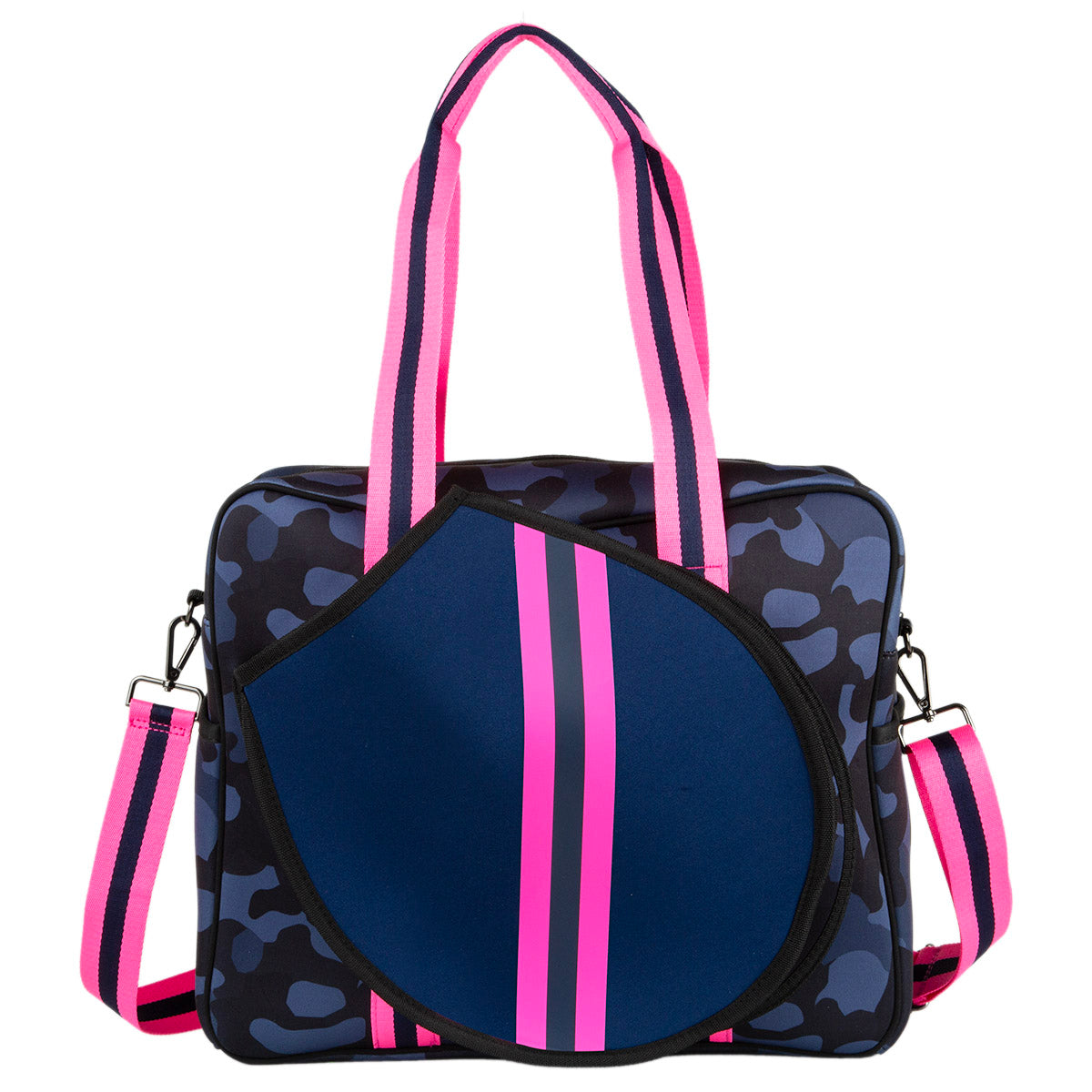The Hampton Tennis Bag by Queen of the Court features navy blue neoprene, a dark camo pattern, bold pink stripes, pink-and-black striped handles, a matching shoulder strap, and a front racket pocket.