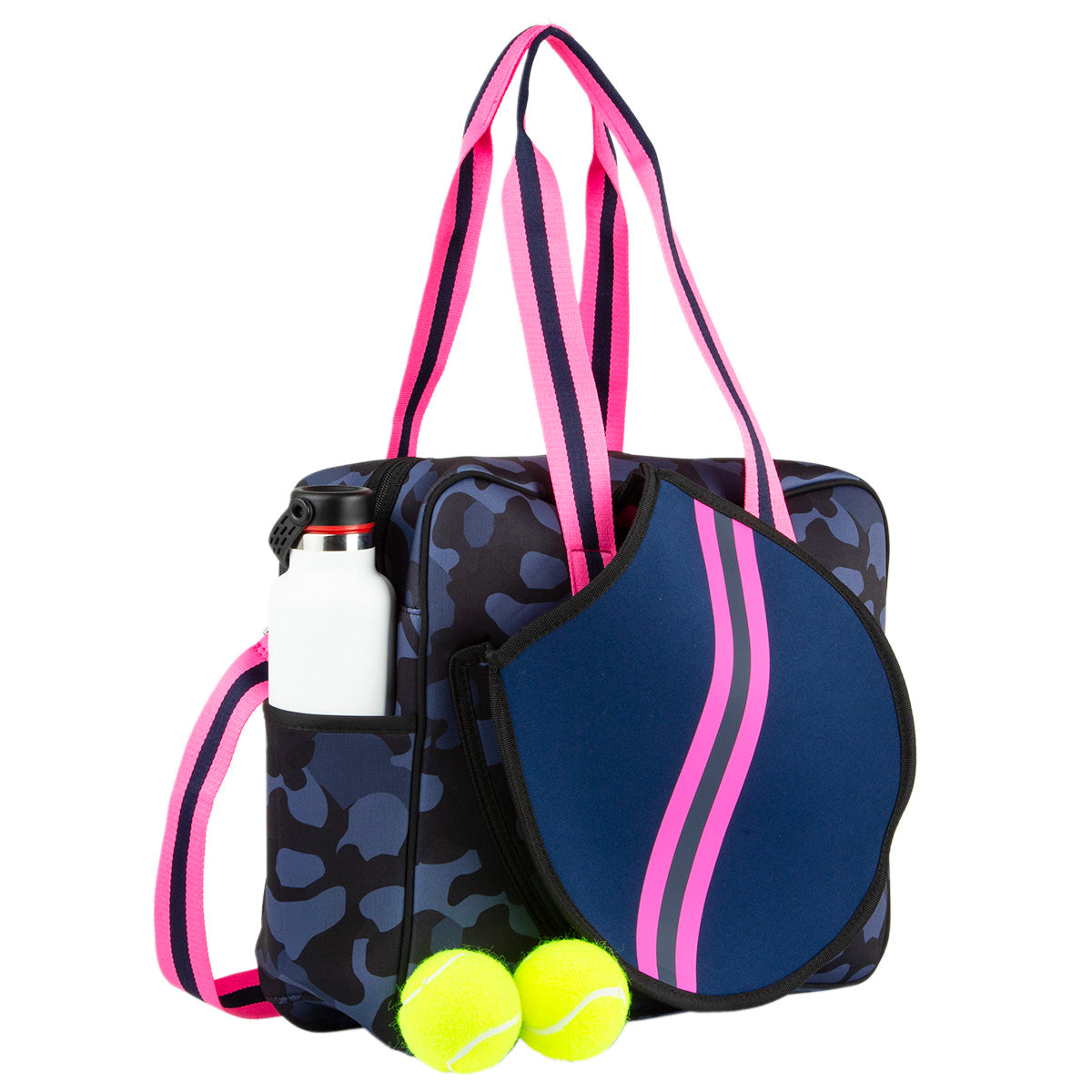 Introducing the Hampton Tennis Bag by Queen of the Court: a navy blue camo neoprene bag with pink-striped handles, a racquet-shaped pocket, and space for tennis balls and your water bottle—style meets function on the court!.