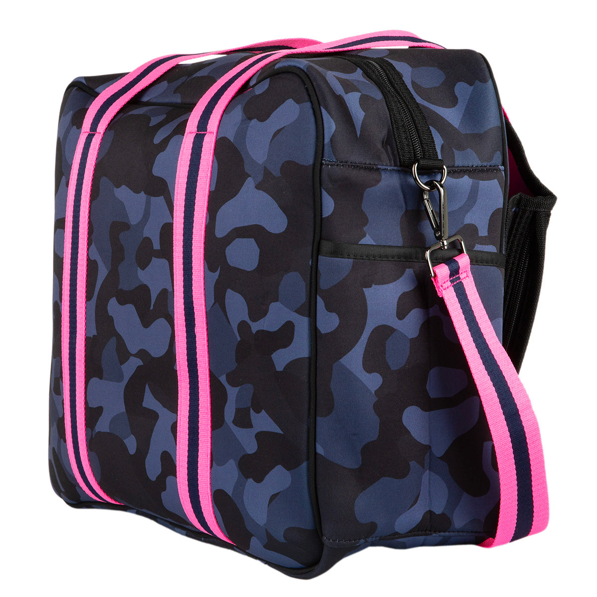 The Queen of the Court Hampton Tennis Bag is a square neoprene bag with a blue and black camo pattern, bright pink striped handles, detachable shoulder strap, zippered main compartment, and exterior side pocket.