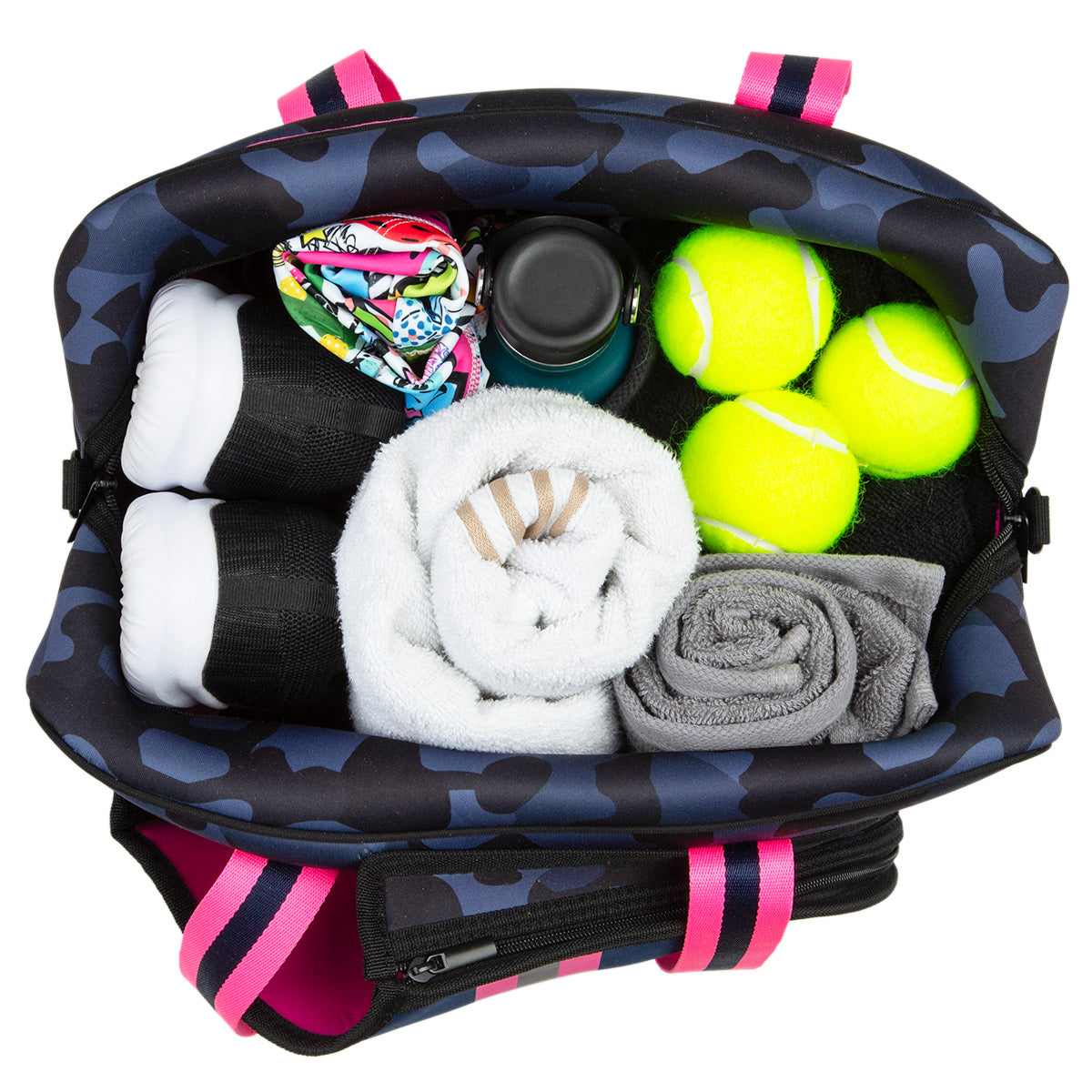 The Queen of the Court Hampton Tennis Bag is a stylish neoprene bag with plenty of space to keep your items organized and ready for the court.