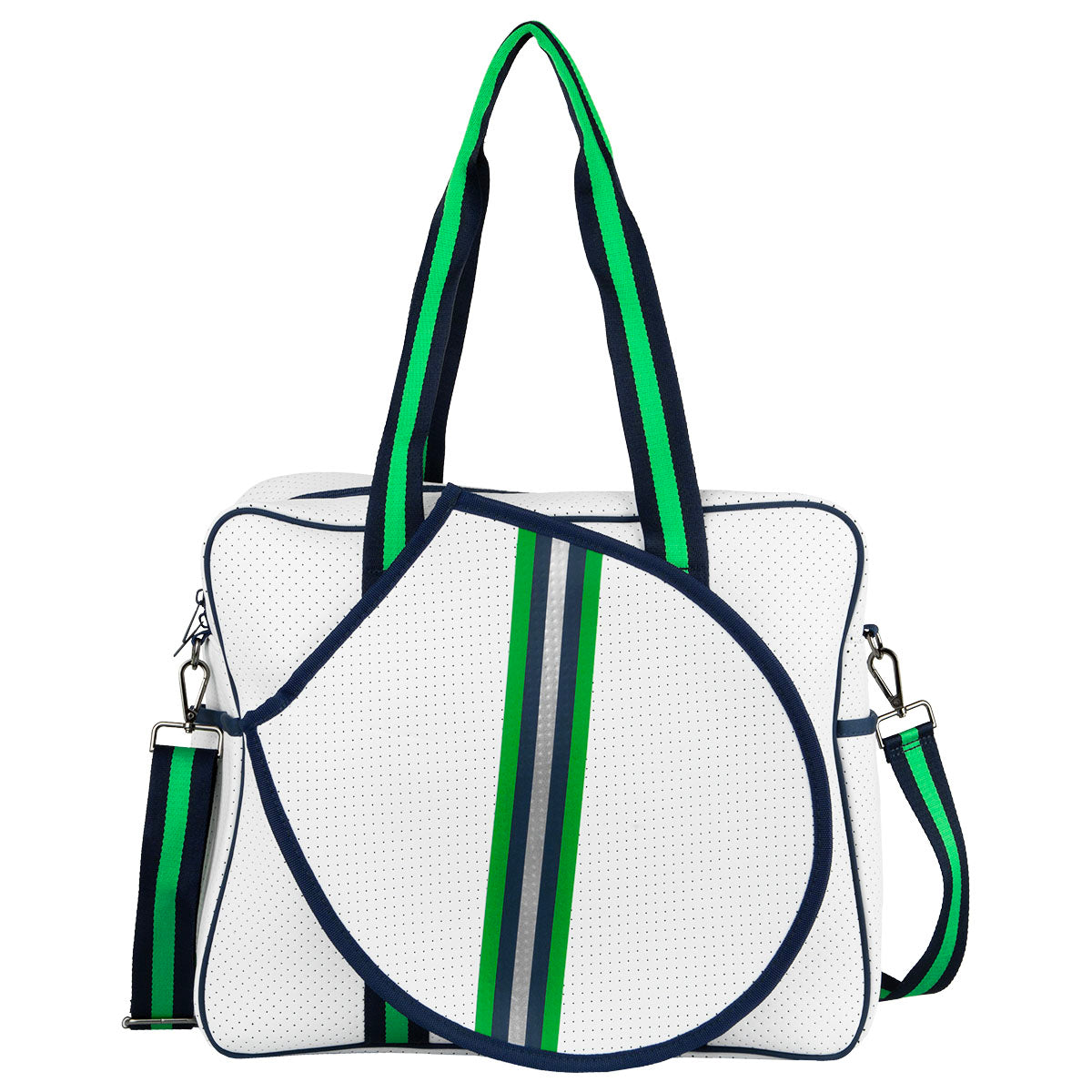 The Queen of the Court Hampton Tennis Bag is a white perforated neoprene bag with navy, green, and blue stripes, striped handles, shoulder strap, rack-shaped zip pocket, and navy piping on the edges.