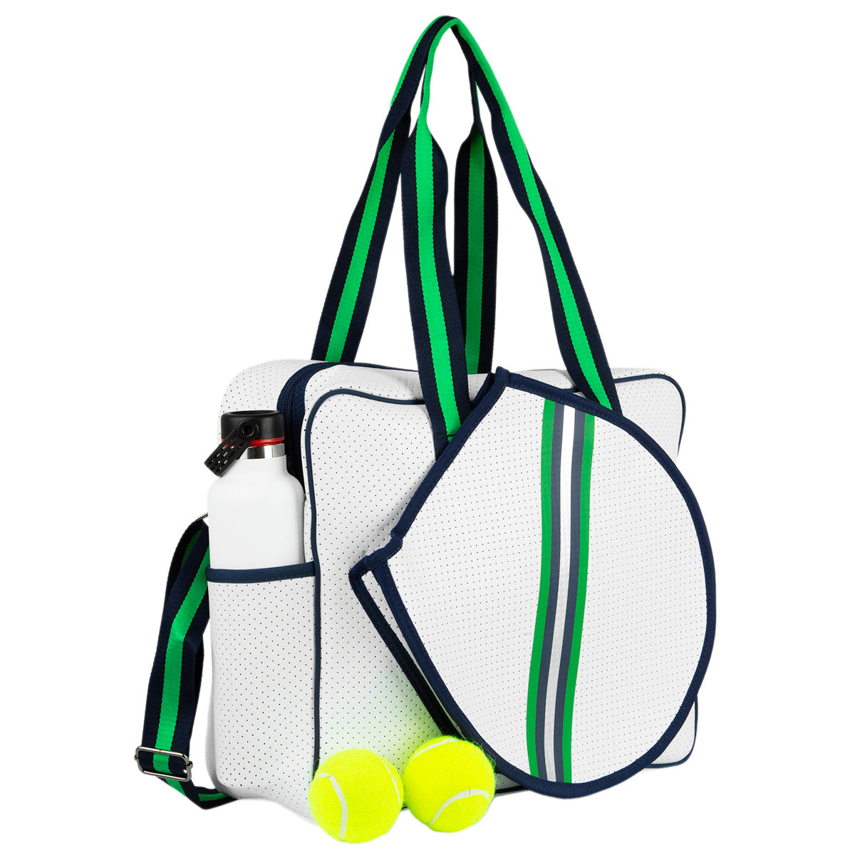 The Queen of the Court Hampton Tennis Bag features green and blue striped handles, a matching side pocket with a white water bottle, an attached racquet-shaped pouch, and two yellow tennis balls placed in front.