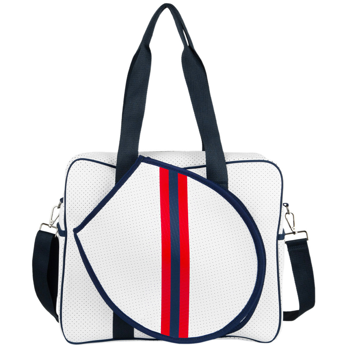 The Queen of the Court Hampton Tennis Bag is a white square bag with navy blue straps and trim, featuring two vertical red stripes and a front curved compartment for your racket, accented with matching navy blue and red details.
