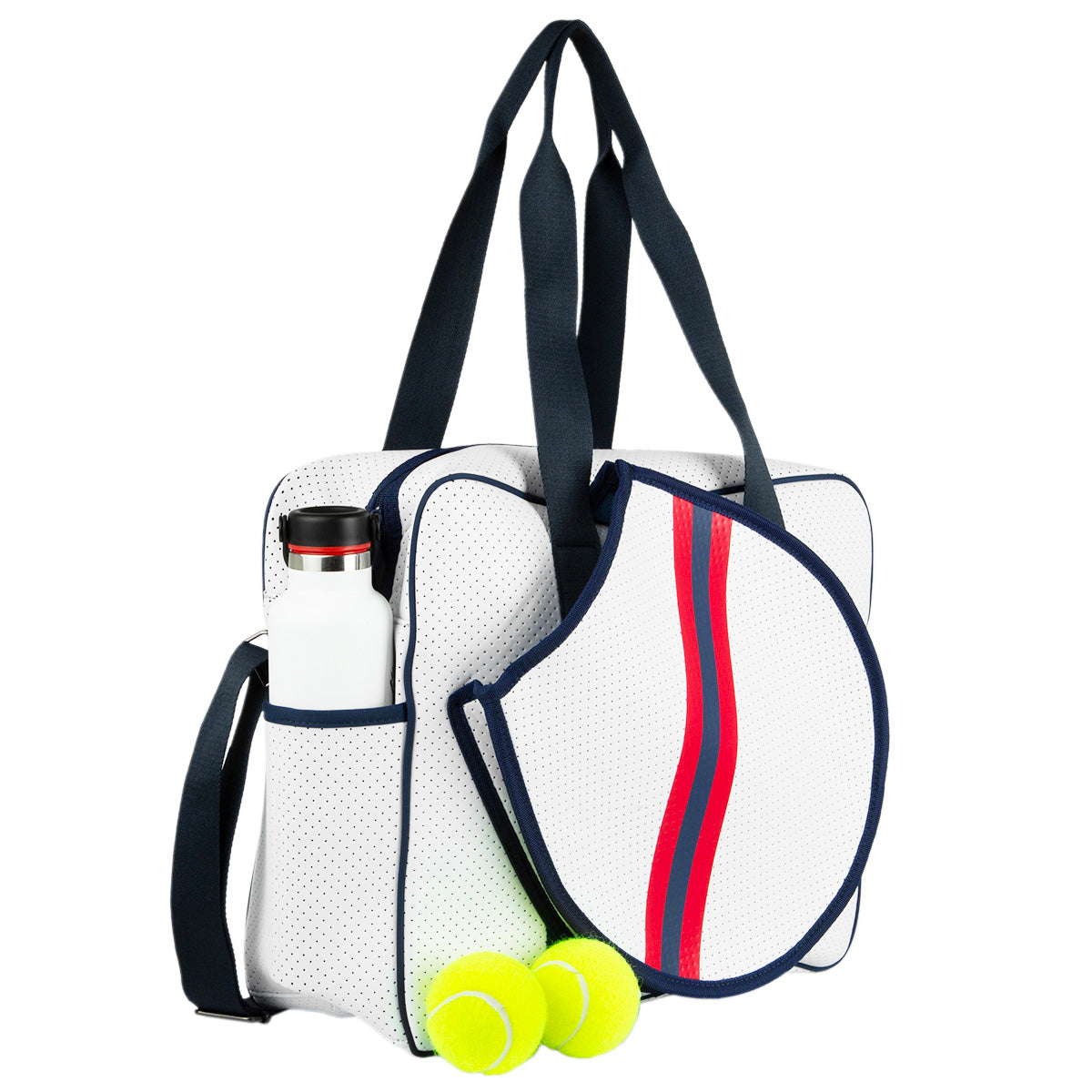 A white Queen of the Court Hampton Tennis Bag with navy straps, a side pocket holding a white water bottle, a racquet cover with red stripes, and two yellow tennis balls in front.