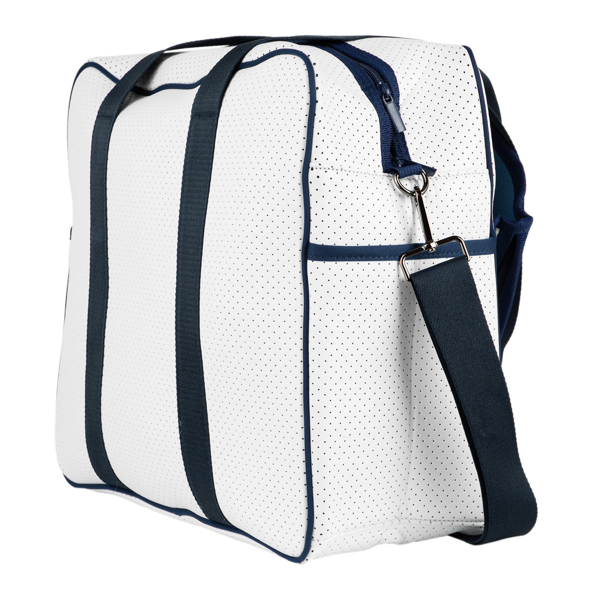 The Queen of the Court Hampton Tennis Bag is a white rectangular neoprene bag with black perforations, dark blue vertical straps, blue piping, a side pocket, detachable shoulder strap, and soft flexible material for stylish practicality.