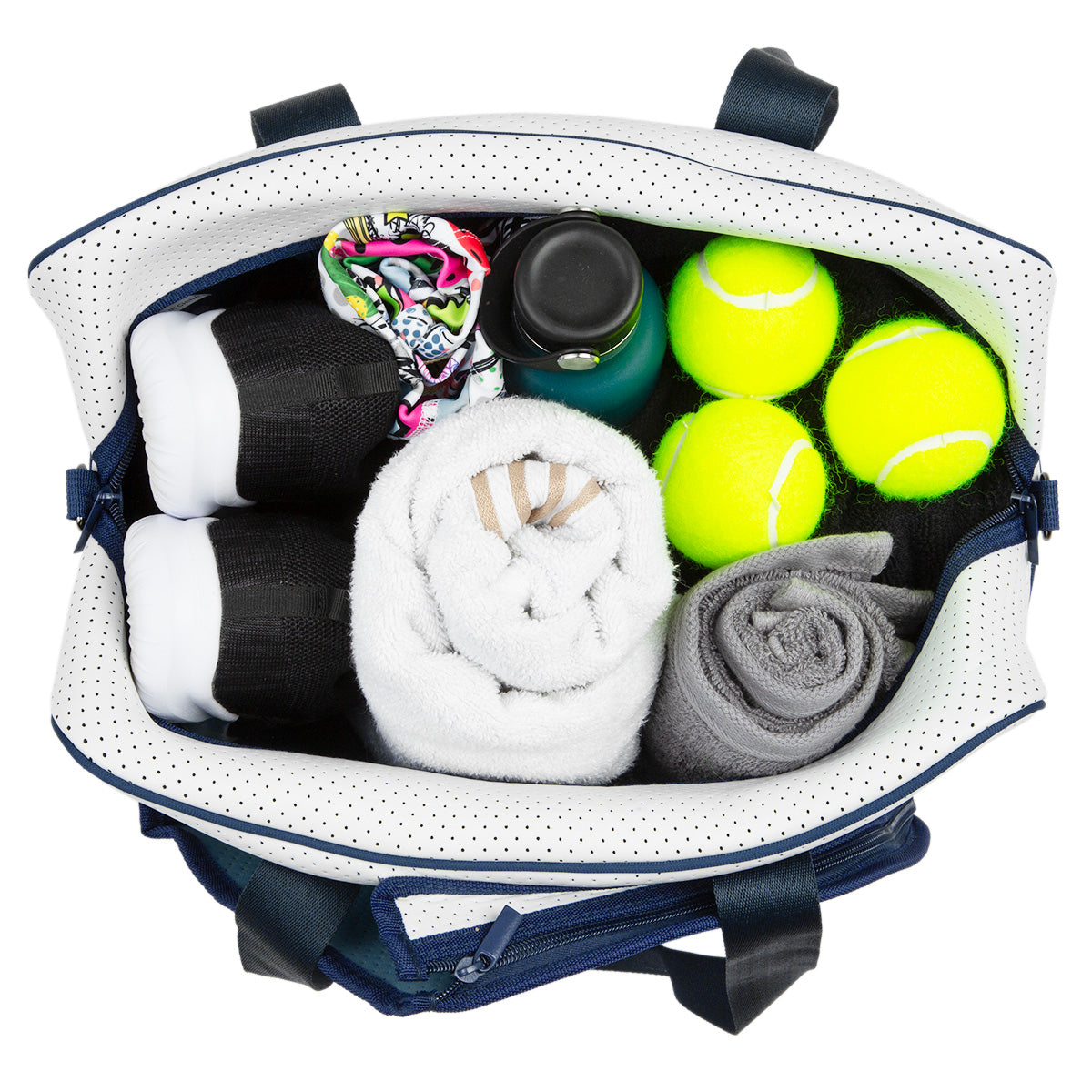 Top-down view of an open Queen of the Court Hampton Tennis Bag, neatly organized with three tennis balls, a water bottle, three rolled white towels, a gray towel, and a colorful headband inside this stylish bag.