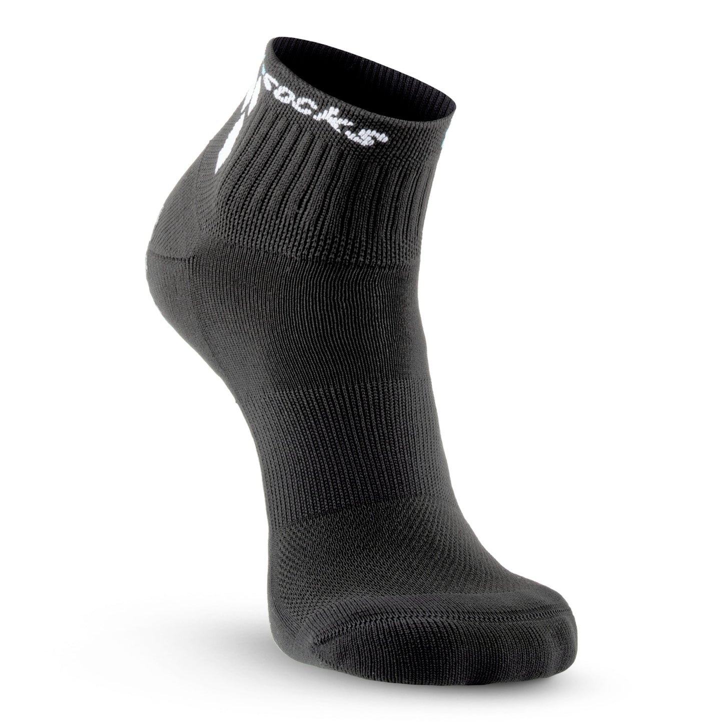 A single GripSocks Athletic Socks with Grips - 1/4 Crew in black stands upright on a white background, showcasing ribbed cuffs, anti-blister tech, a white logo by the ankle, and textured toe and heel sections for extra support.
