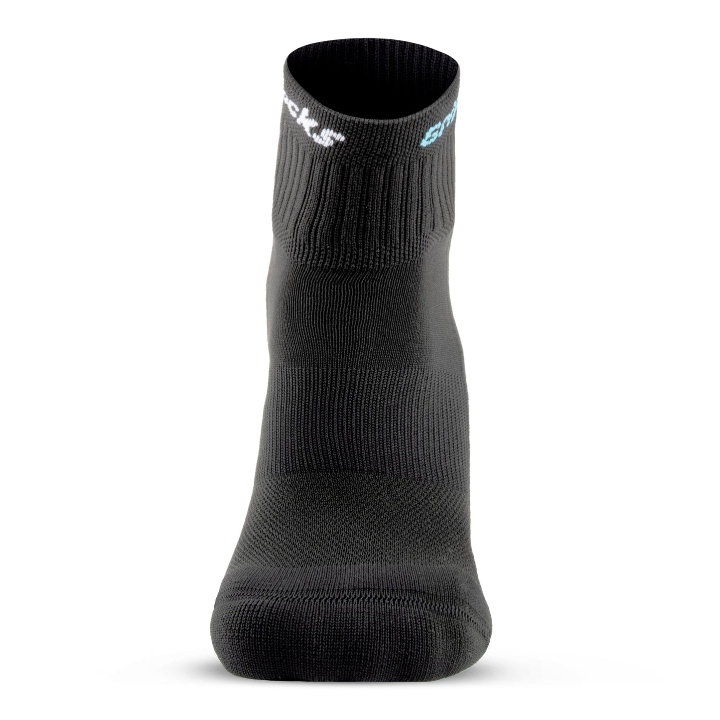 The GripSocks Athletic Socks with Grips - 1/4 Crew in black are shown upright on a plain white background, featuring ribbed ankle fabric, smooth foot texture, anti-blister technology, and white and teal branding near the top.