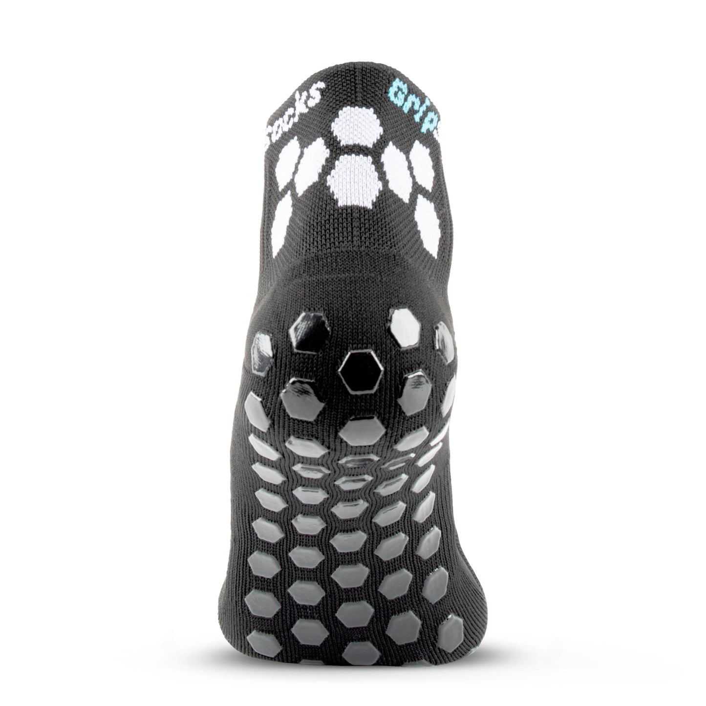 The GripSocks Athletic Socks with Grips feature raised, shiny hexagonal grips on the sole, plus white hexagons and turquoise text near the ankle for contrast—ideal non-slip performance socks by GripSocks for sport training and everyday style.