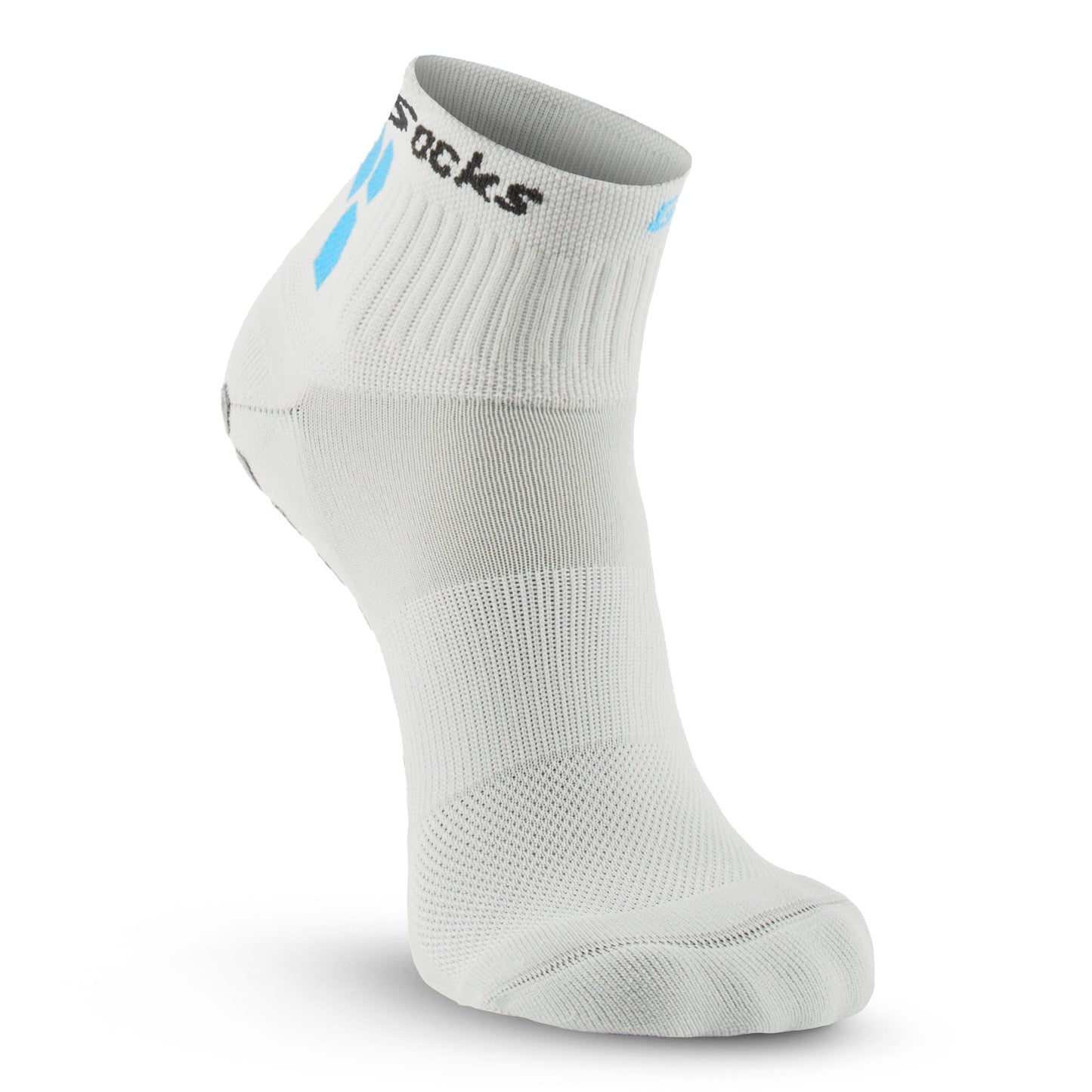 The GripSocks for Pickleball 1/4 crew height athletic sock by GripSocks is white with ribbed cuffs, mesh ventilation, blue geometric accents, "Socks" printed in black near the top, and is shown upright on a white background.