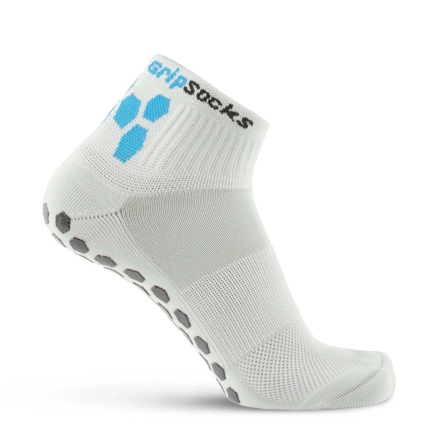 GripSocks Athletic Socks with Grips feature a white design with black sole grip dots, blue hexagons on the side, and "GripSocks" in black and blue on the cuff. Shown on a mannequin foot, they ensure superior fit and non-slip performance for any activity.