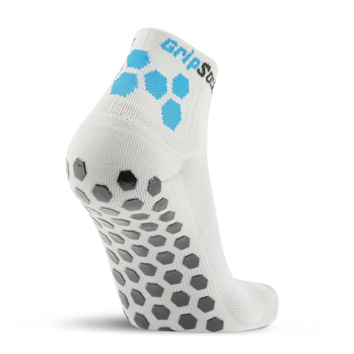 A single gray Athletic Sock with Grips by GripSocks, featuring black hexagon grip pads for non-slip traction and anti-blister tech, shown on a raised foot against a white background.