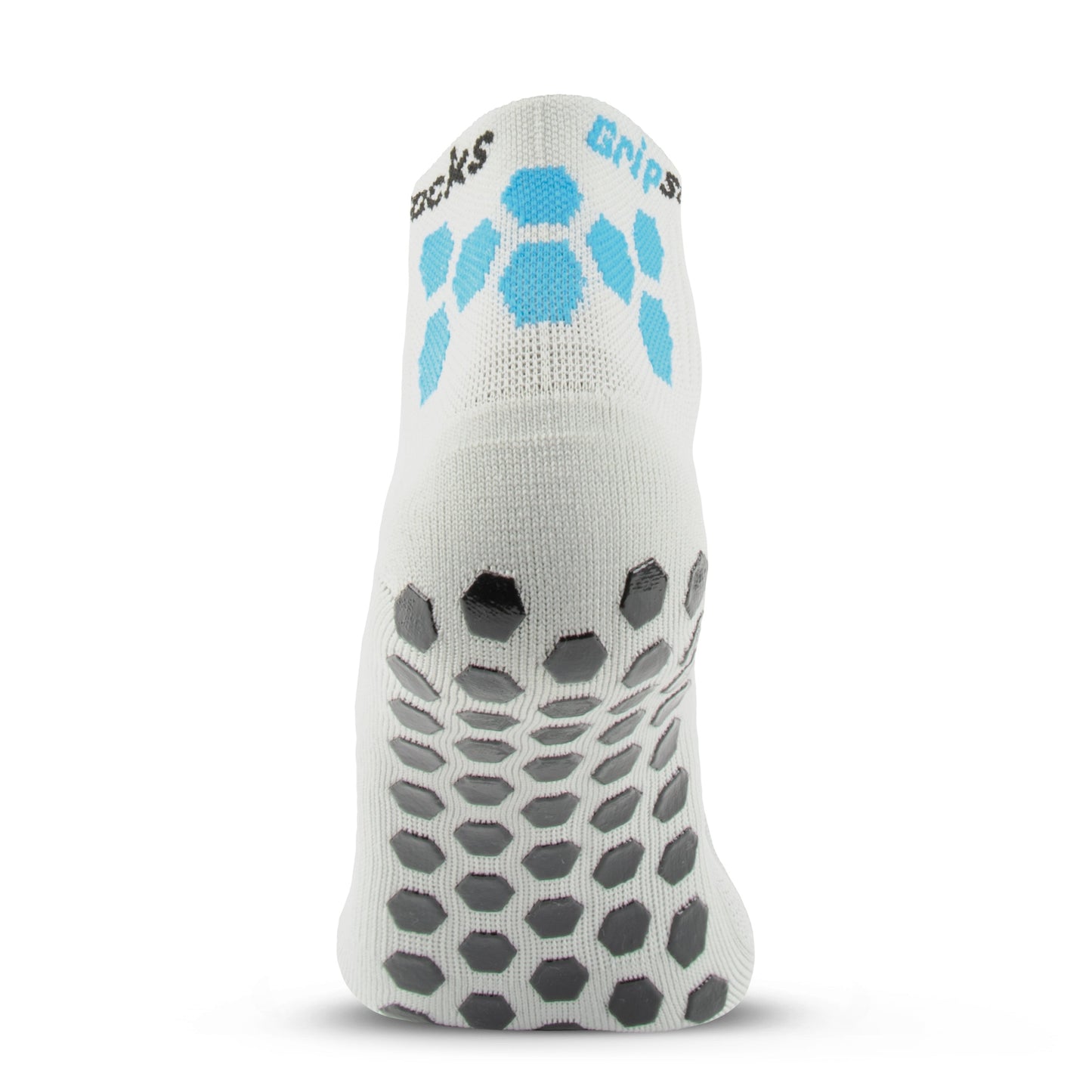GripSocks Athletic Socks with Grips are white sports socks featuring black hexagonal grips on the sole and light blue hexagons on the heel and back, offering enhanced traction and anti-blister protection for training or daily use.