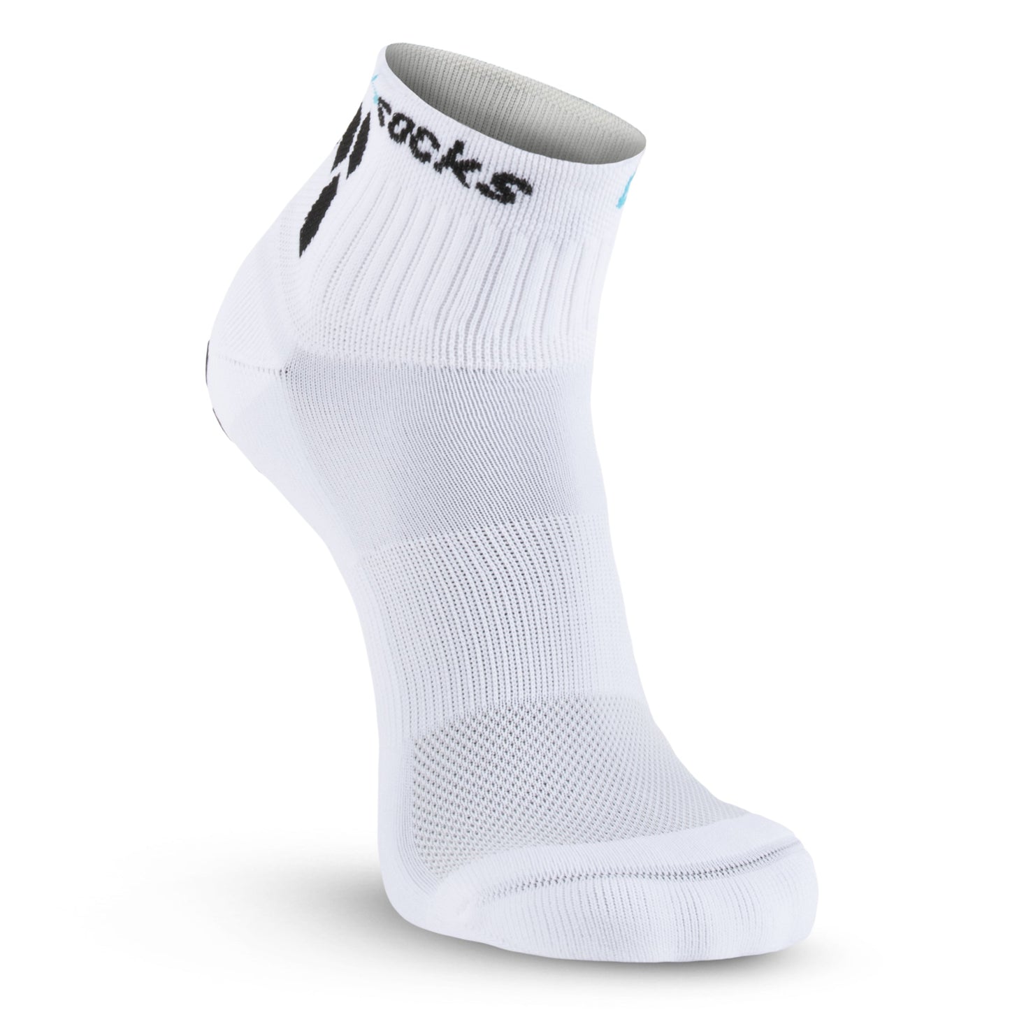 GripSocks Athletic Socks with Grips - 1/4 Crew in white are shown upright on a white background, featuring ribbed ankles, breathable mesh panels, reinforced heel and toe, and black "Rocks" text near the cuff.