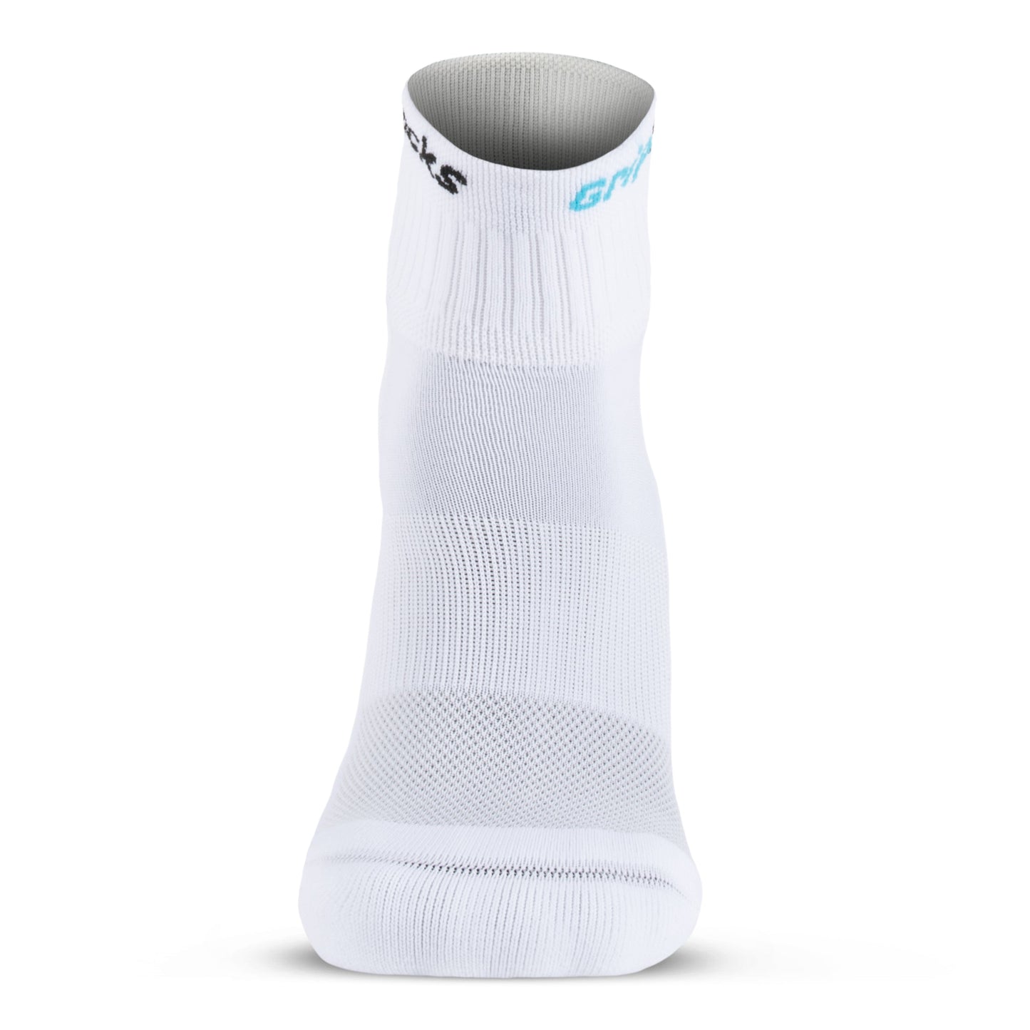 A single white GripSocks Athletic Sock with grip, shown from the front. It features ribbed and mesh textures for breathability, a snug ankle fit, and black and blue text detail on the top edge.