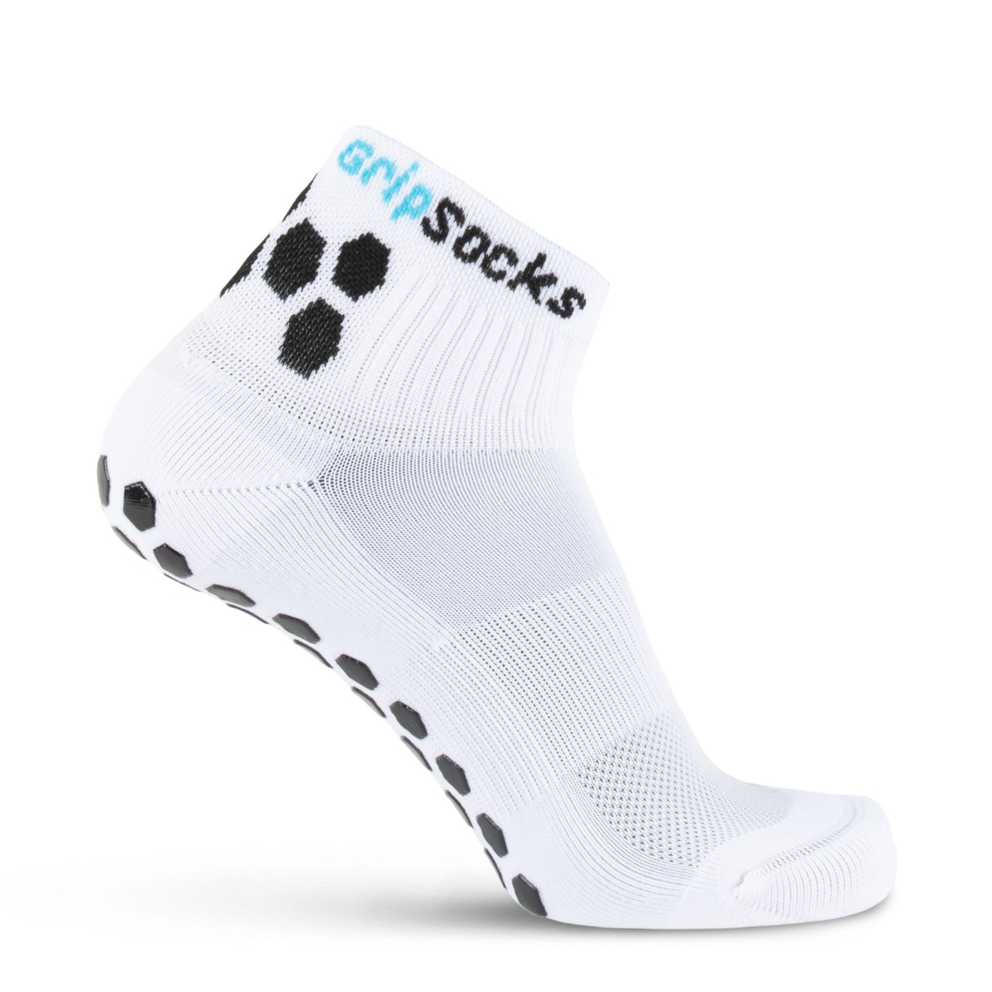The GripSocks Athletic Socks with Grips - 1/4 Crew - White feature black hexagonal sole grips, “Grip Socks” text on the cuff, mesh ventilation for breathability, and anti-blister technology for comfort.