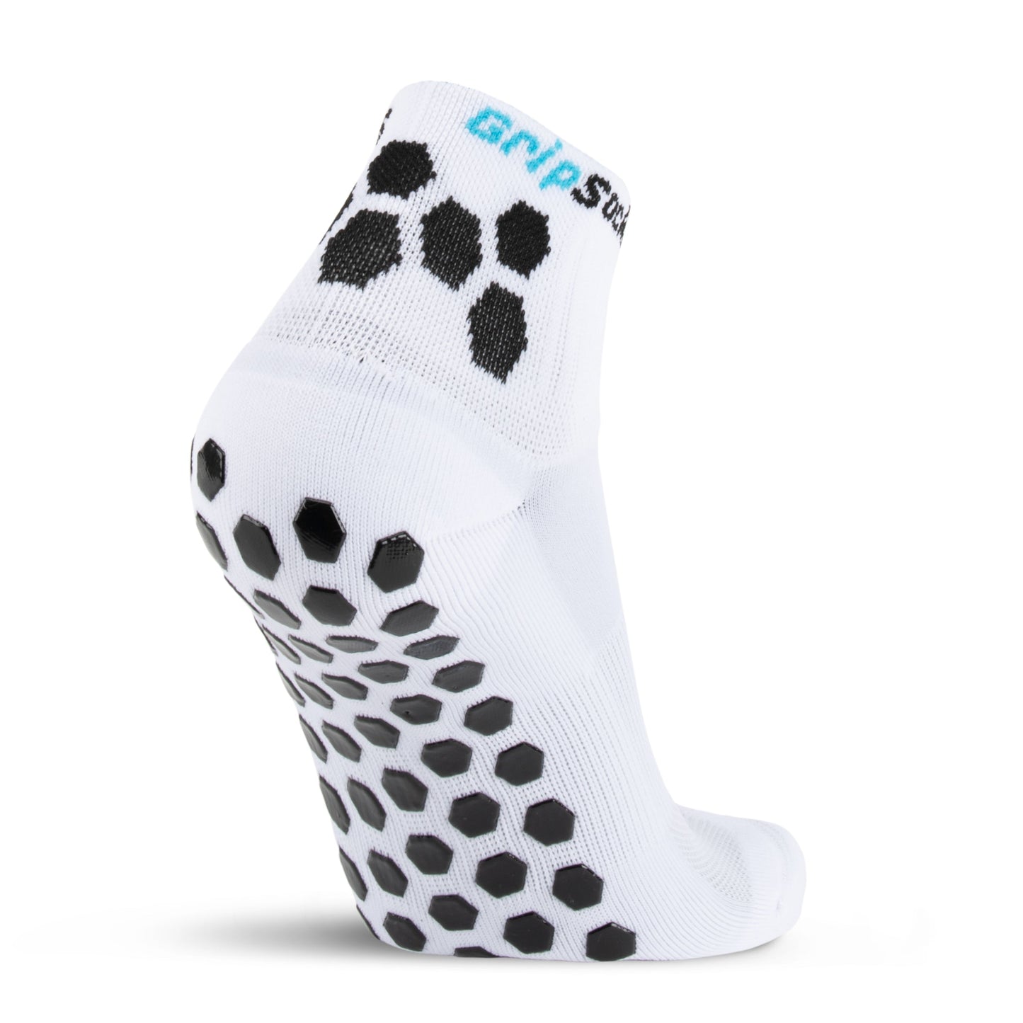 The GripSocks Athletic Socks with Grips - 1/4 Crew - White are shown on a foot, featuring black hexagonal rubber grips on the sole and heel, anti-blister technology, and a blue and black logo by the ankle for enhanced traction and support.