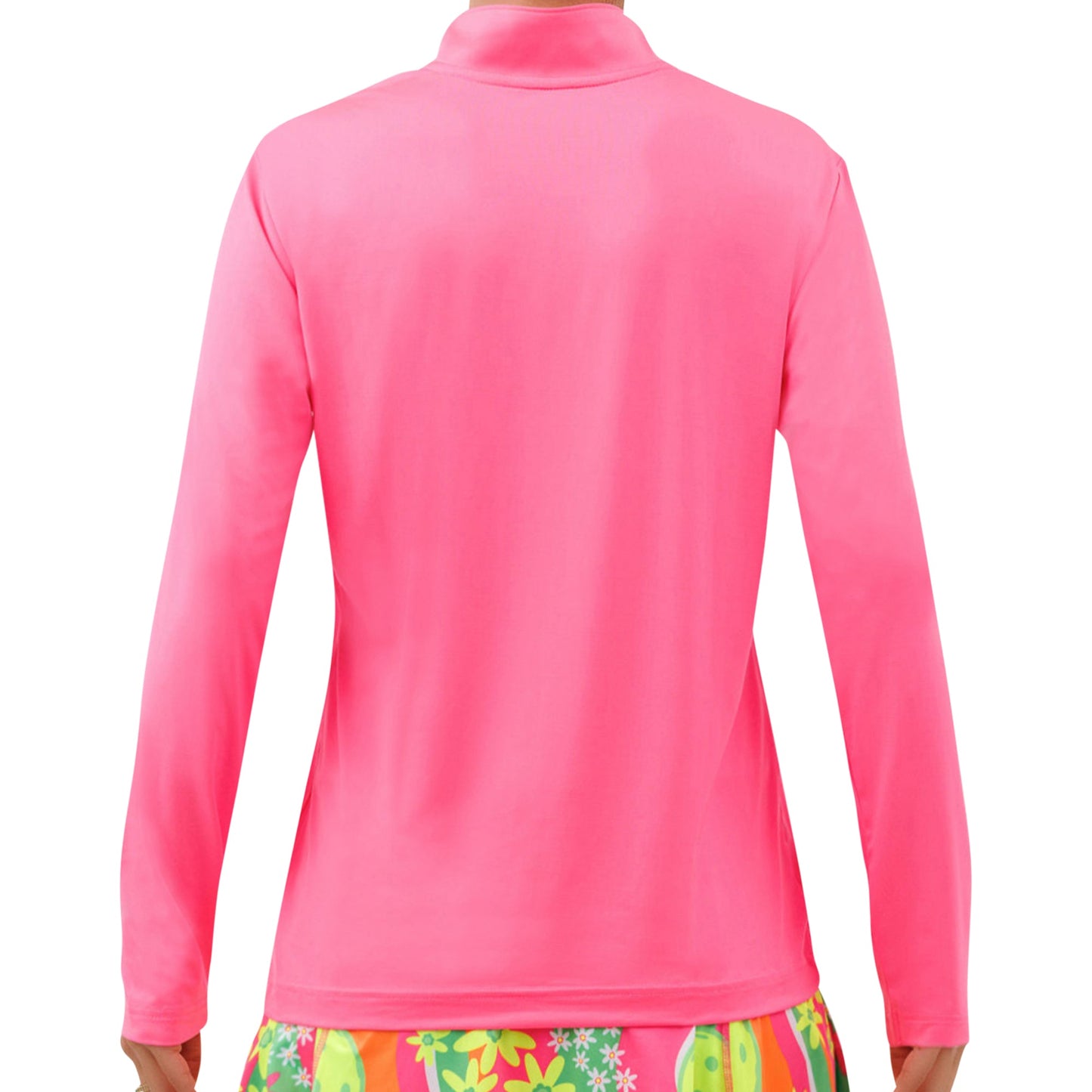 Someone is wearing the Pickleball Bella PB 1/4 Zip Long Sleeve in Hot Pink, a pullover shirt made with moisture-wicking fabric.