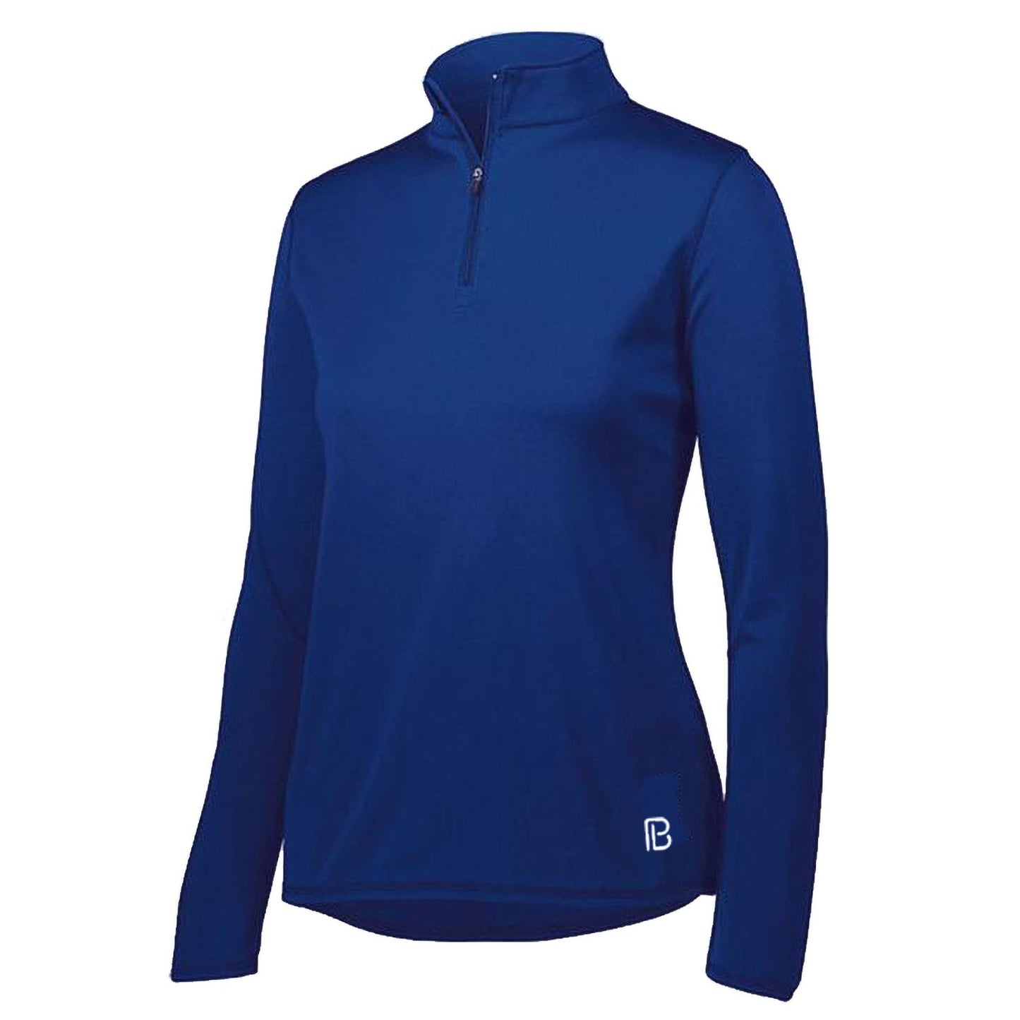 The Pickleball Bella PB 1/4 Zip Long Sleeve Navy is a fitted, smooth navy pullover with SPF 50+ UV protection and a small white B logo with blue outline above the hem, shown on a plain white background.