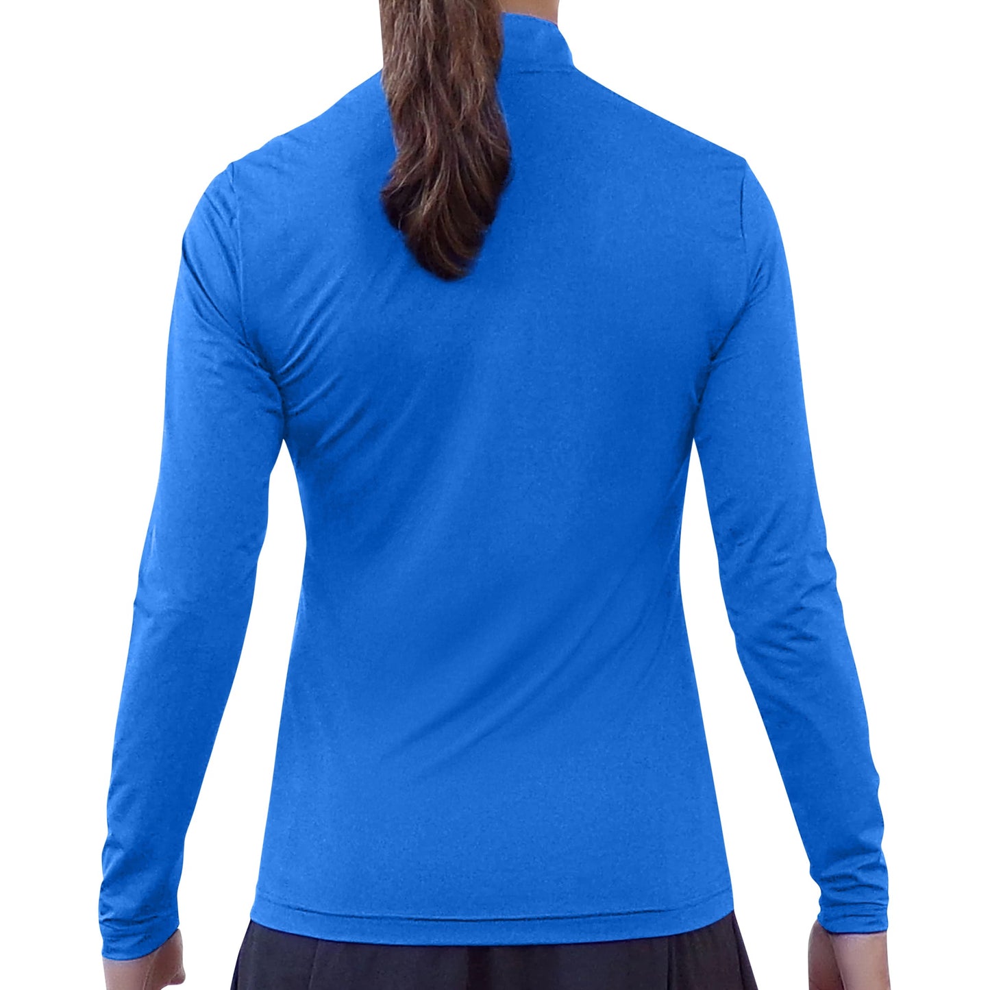A person with long brown hair tied back is shown from behind, modeling the Pickleball Bella PB 1/4 Zip Long Sleeve Royal Blue top and a black skirt. The plain white background highlights its fit and SPF 50+ UV protection.