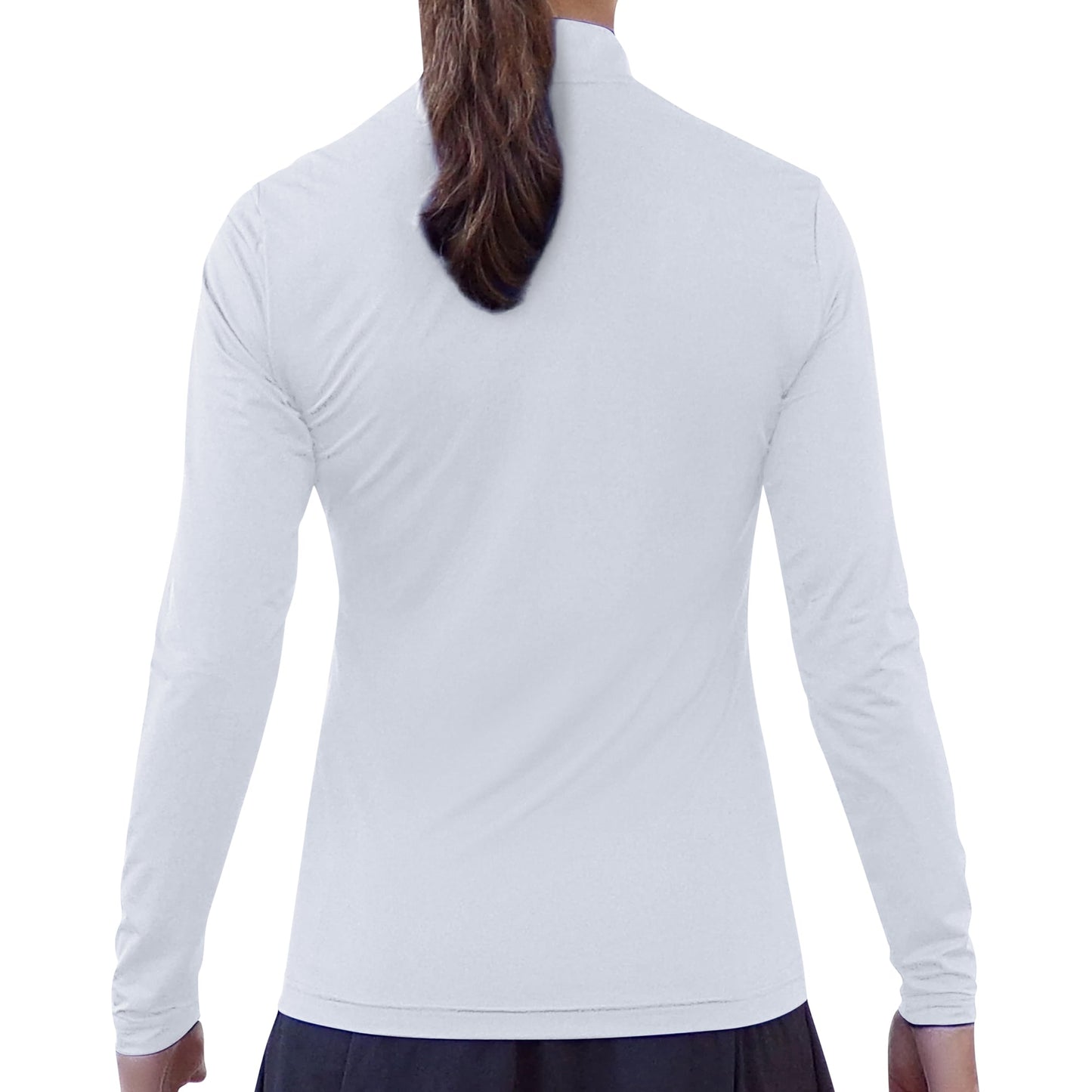 A person with long brown hair in a ponytail is seen from behind, wearing the Pickleball Bella PB 1/4 Zip Long Sleeve Classic White shirt with SPF 50+ UV protection and a black skirt, against a plain white background. Arms are relaxed at their sides.