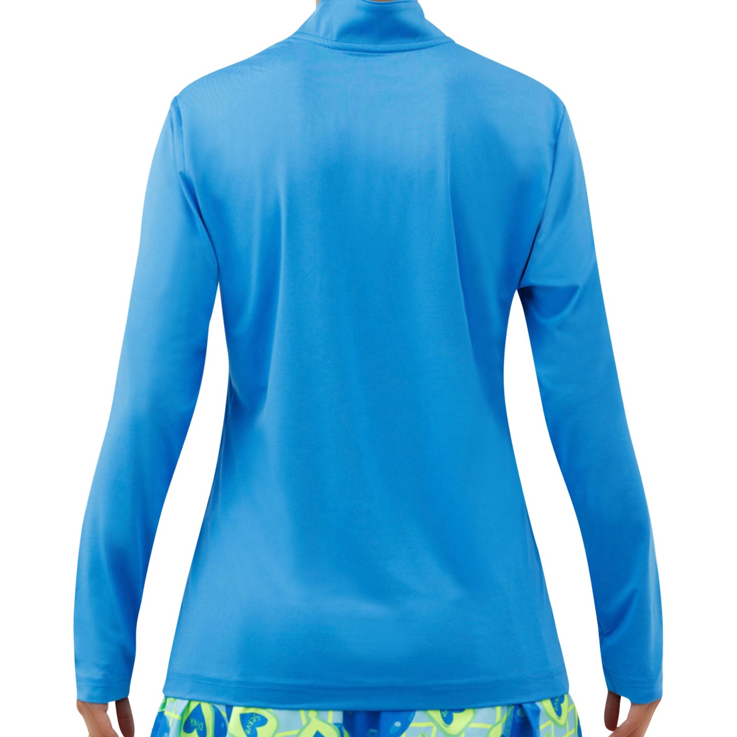 A person is shown from the back wearing the Pickleball Bella PB 1/4 Zip Long Sleeve Electric Blue pullover, which features a high collar, smooth texture, moisture-wicking fabric, and SPF 50+ UV protection. They pair it with abstract patterned shorts.