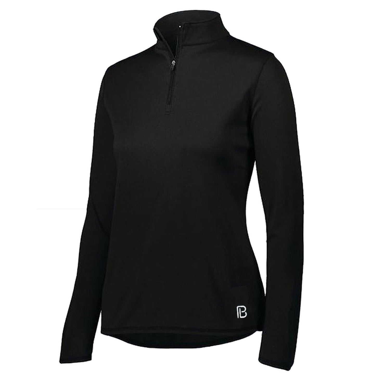 The Pickleball Bella PB 1/4 Zip Long Sleeve Black is a slim-fit, plain black top with a subtle white “B” logo near the hem, crafted from moisture-wicking fabric for workout comfort. No visible patterns or extra features.