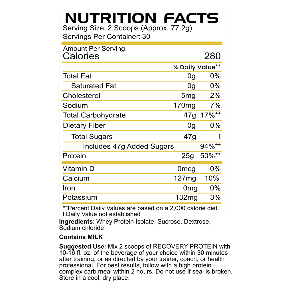 The nutrition label for BLACKLABEL Supplements RECOVERY PROTEIN lists a serving size of 2 scoops (77.2g), 30 servings per container, 280 calories, 0g fat, 5mg cholesterol, 170mg sodium, 47g carbs (1g fiber, 47g sugars), and 25g protein per serving.