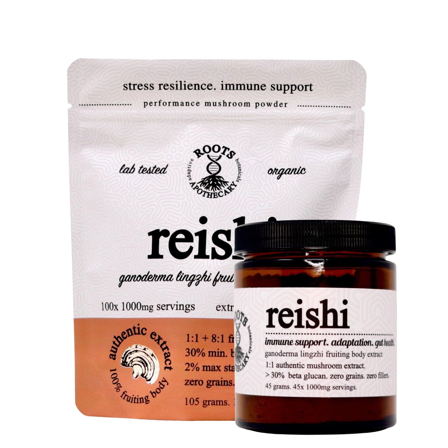 Roots Apothecary reishi mushroom extract (organic) comes in a resealable pouch and brown glass jar, with packaging that emphasizes immune support, adaptogenic benefits, stress resilience, and lab-tested 100% fruiting body extract.