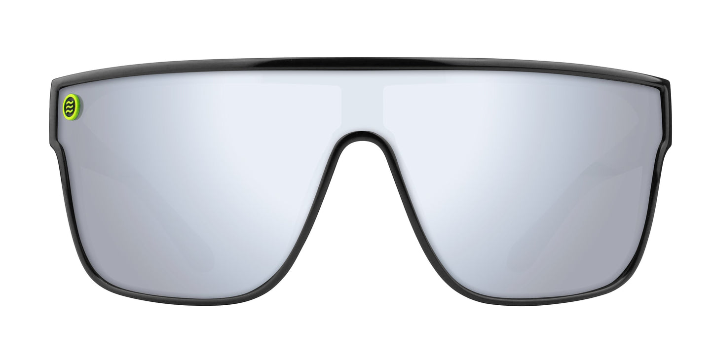 Neven Eyewear’s 924 sunglasses feature a sporty, modern design with a single mirrored, rimless polarized lens, black stainless steel top and bottom frame, UV400 protection, and a green logo on the upper left corner.