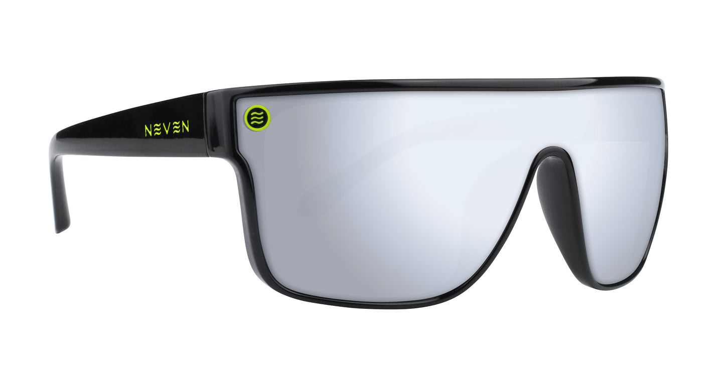 Neven Eyewear 924: Black wraparound sunglasses with a single mirrored lens, thick frame, neon yellow accents, and “NEVEN” in yellow beside a wavy-line logo on the left temple. UV400 protection. Shown on a plain white background.